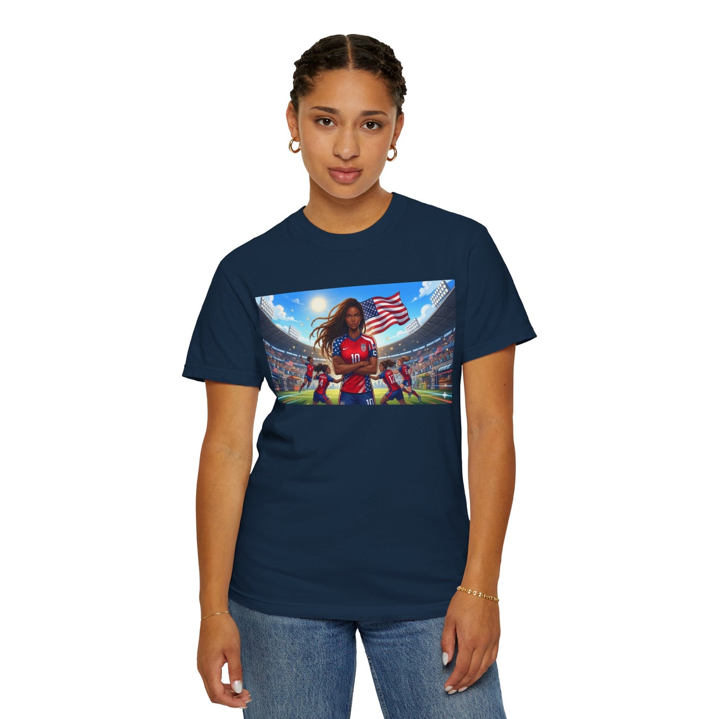 Soccer Mom USA T-Shirt — Female Soccer Player with American Flag Stadium Graphic