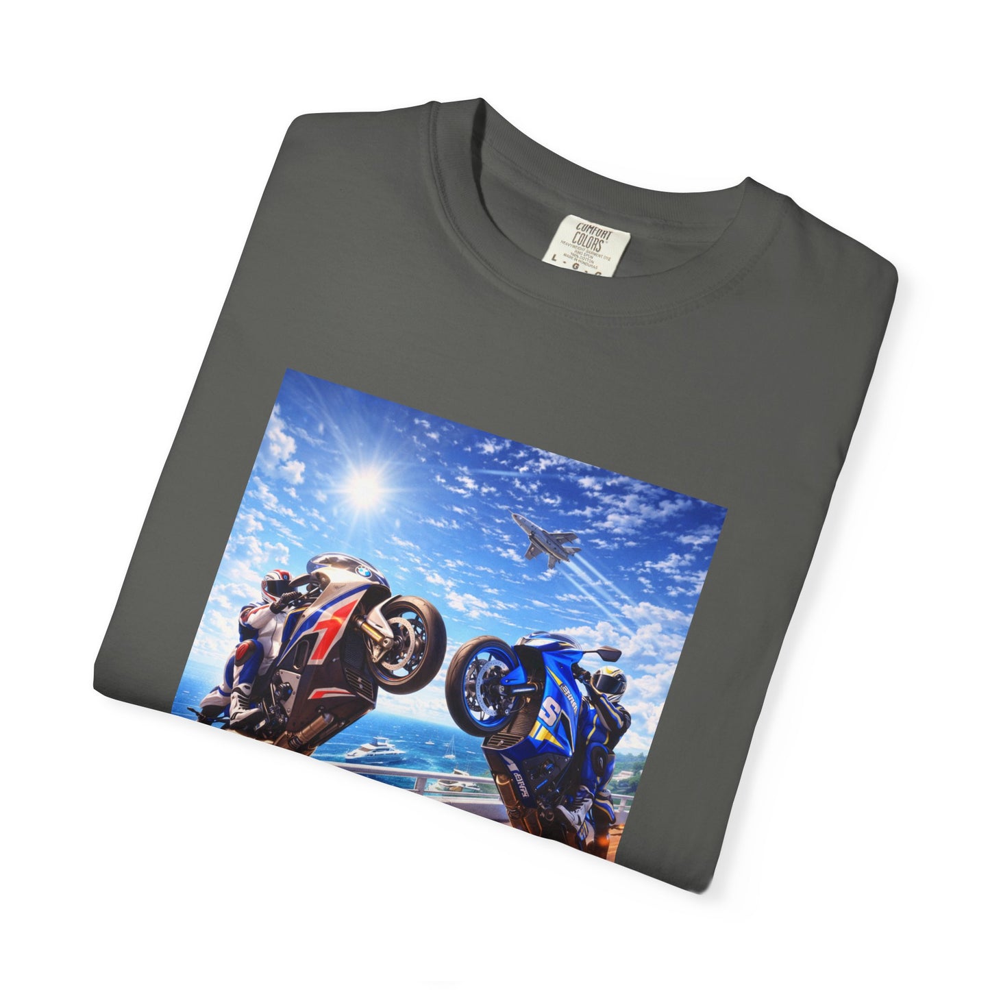 Stunt Riders Motorcycle T-Shirt — Two Bike Wheelie Racing Graphic Tee