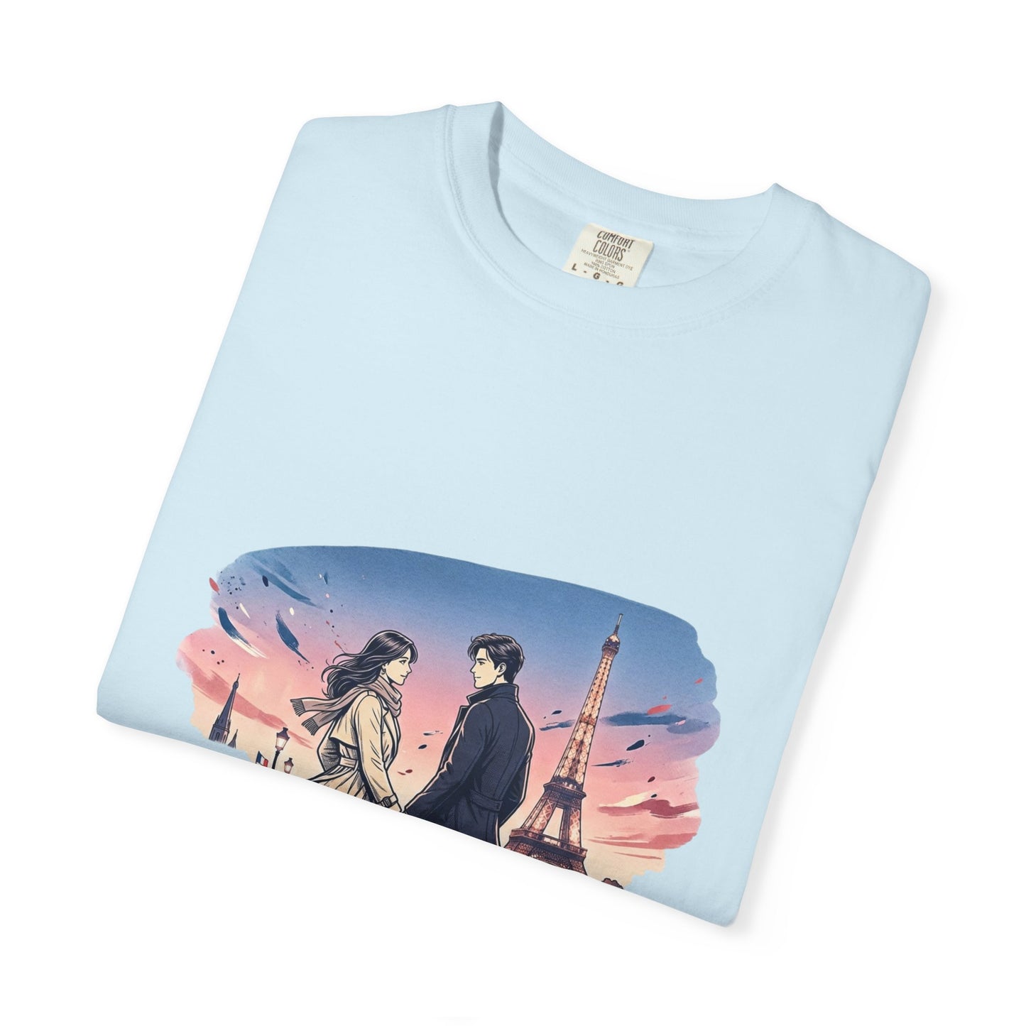 Paris Sunset Romance T-Shirt — Couple Walking by Eiffel Tower Graphic Tee