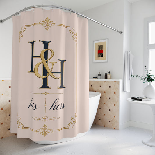 His & Hers Monogram Shower Curtain – Elegant Blush and Gold Bathroom Decor