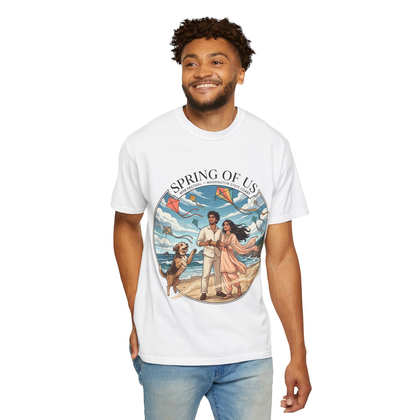 Spring of Us T-Shirt — Romantic Beach Couple Illustration with Dog