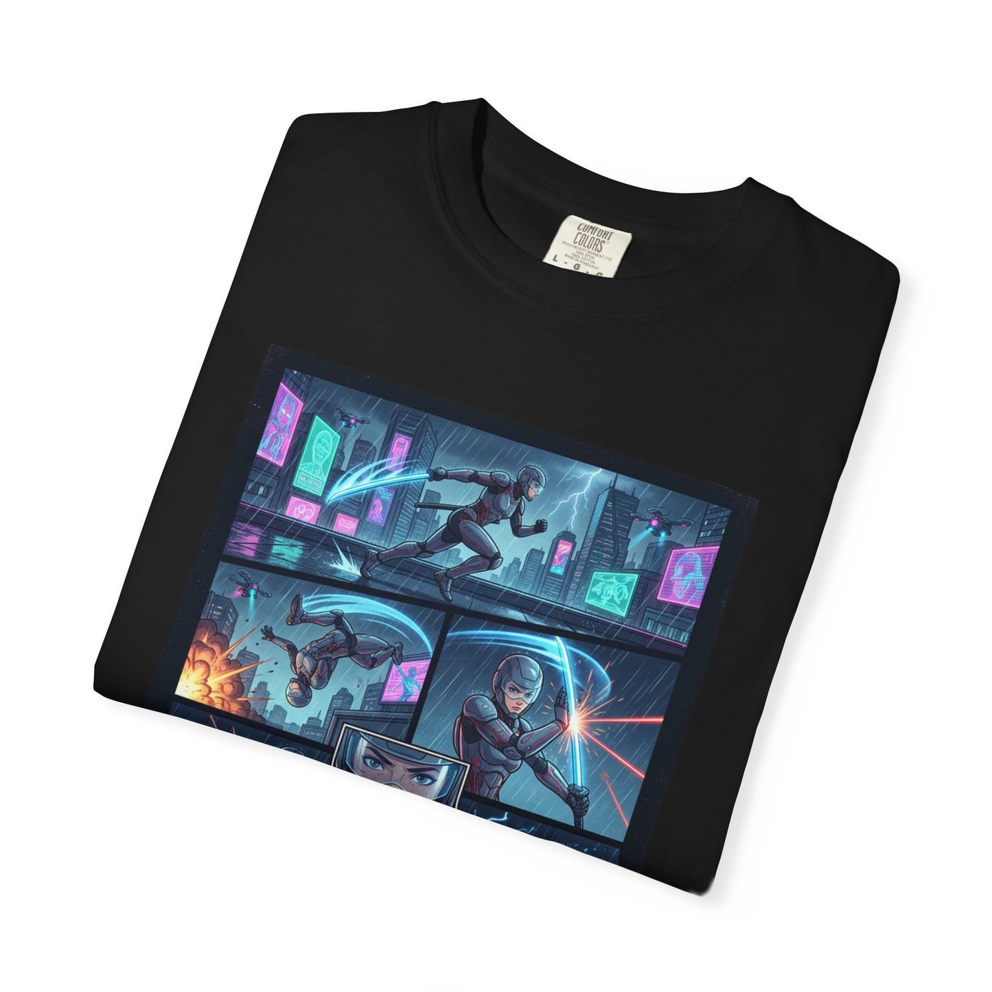 Cyberpunk Girl Samurai T-Shirt — Neon Manga Panel Graphic Tee