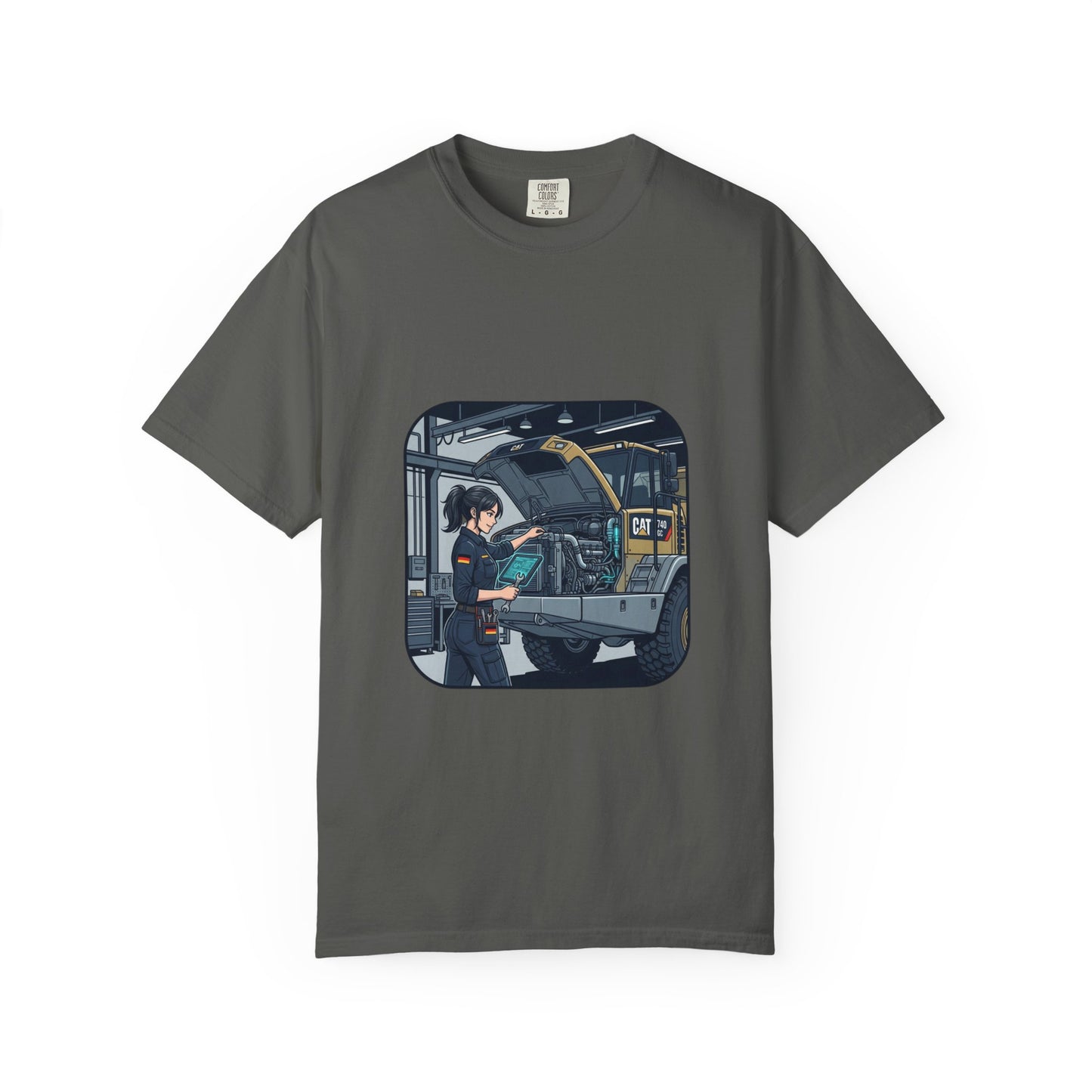 Mechanic Garage Scene T-Shirt — Vintage Truck Repair Illustration