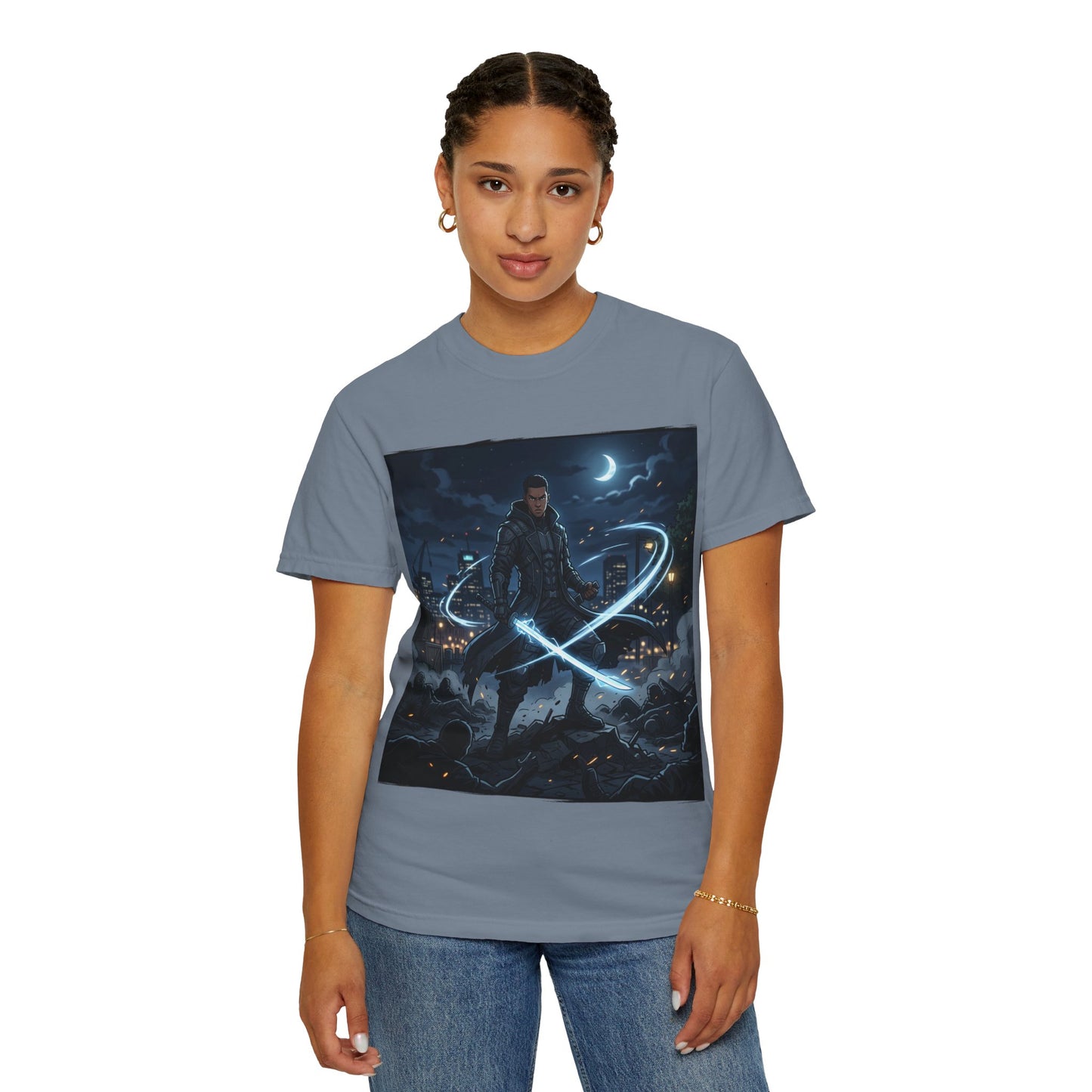 Urban Night Warrior T-Shirt — Neon Samurai Cityscape