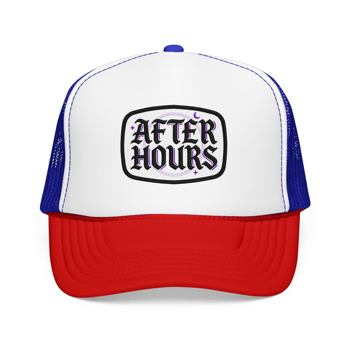 After Hours Foam Trucker Hat – Retro Gothic Embroidered Patch Cap