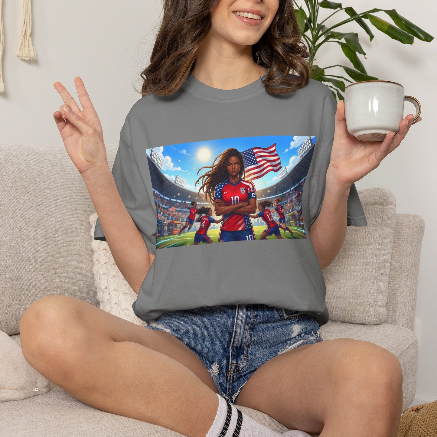 Soccer Mom USA T-Shirt — Female Soccer Player with American Flag Stadium Graphic