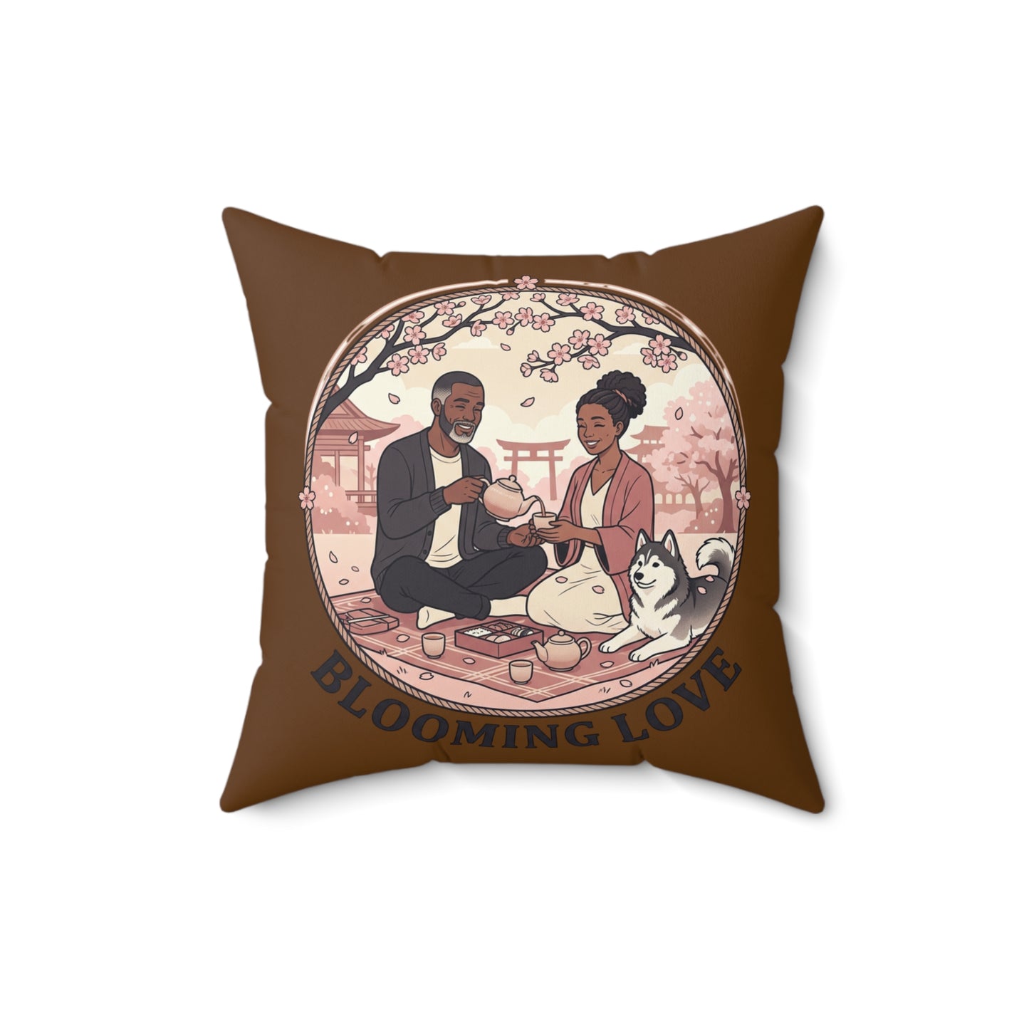 Blooming Love Throw Pillow — Romantic Cherry Blossom Picnic Decorative Pillow