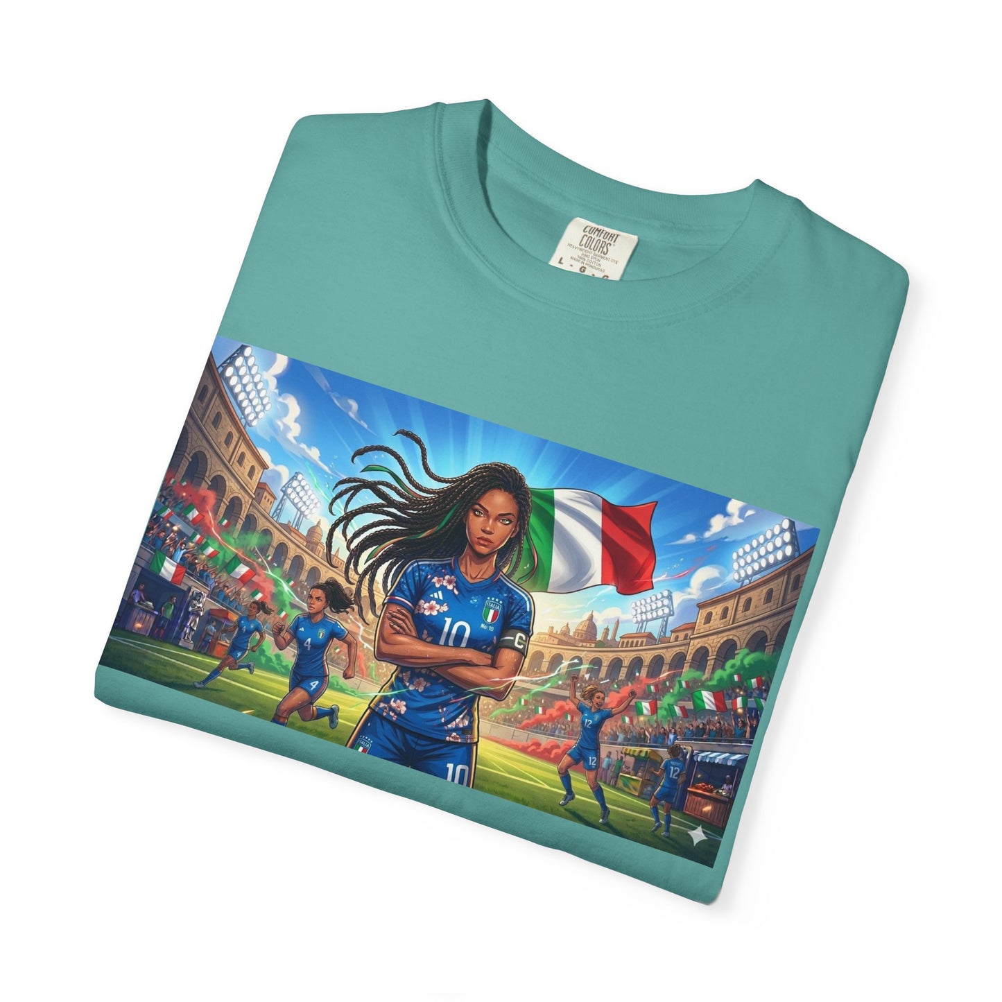 Italian Soccer Fan T‑Shirt – Inspirational Female Player with Italy Flag Stadium Print