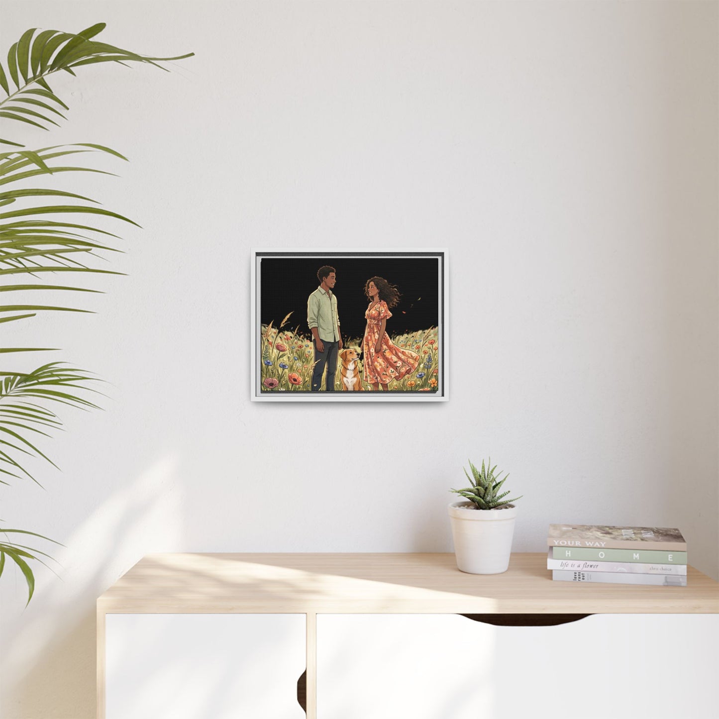 Framed Matte Canvas Print — Romantic Couple in Wildflower Field (Multi‑Color)