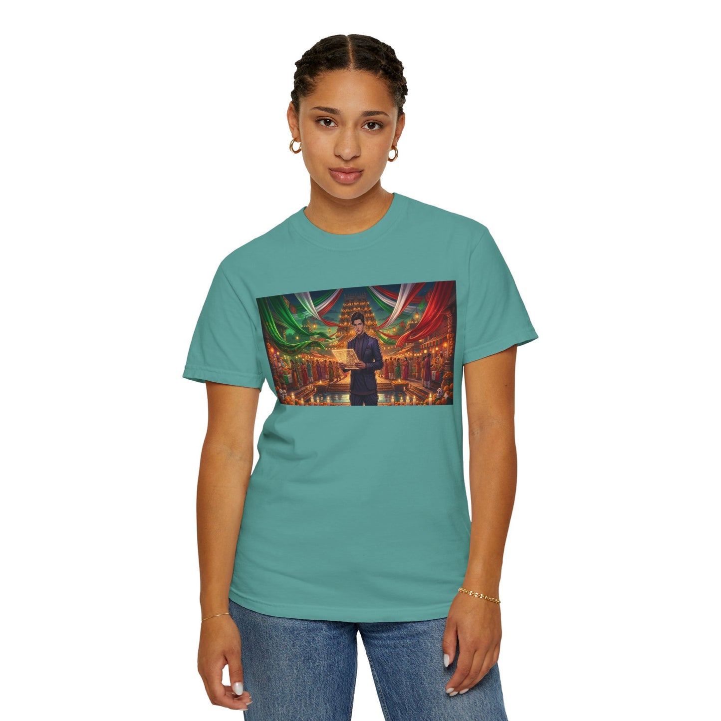 T-Shirt — Dragon Temple Night Scene Graphic Tee (Monk with Dragons)