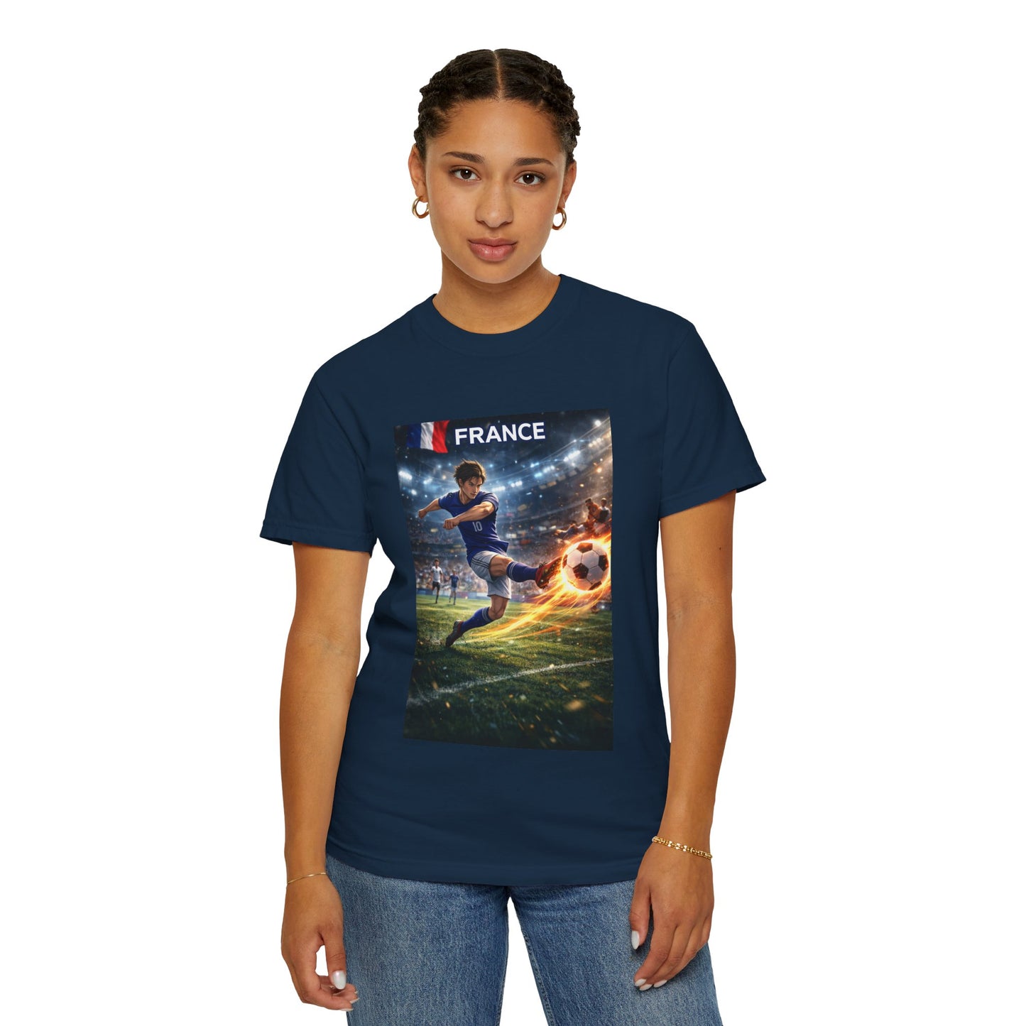 France Soccer Player Graphic T-Shirt — Football Kick Stadium Design