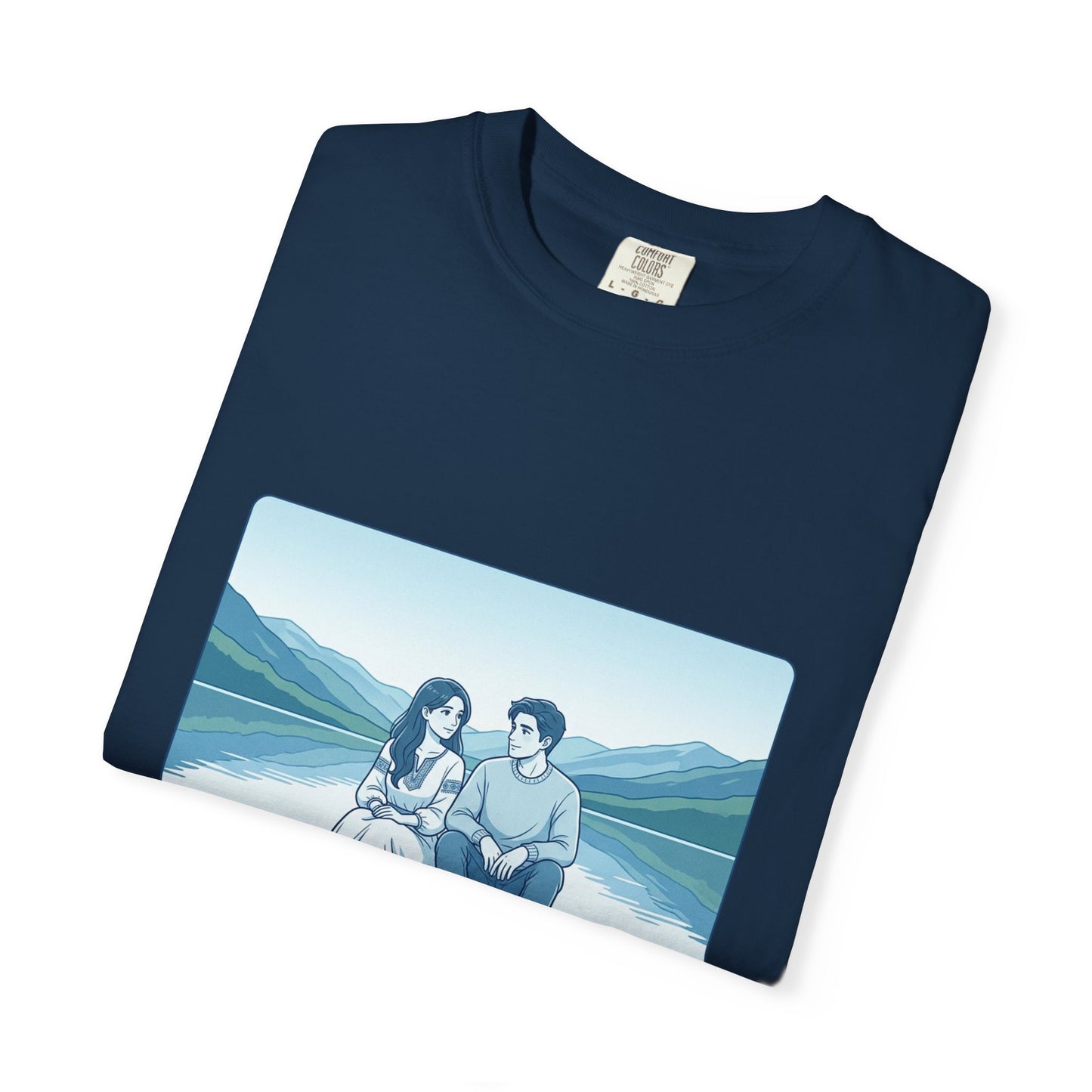 Peaceful Moments Tee — Couple Sitting by Lake Graphic T-Shirt