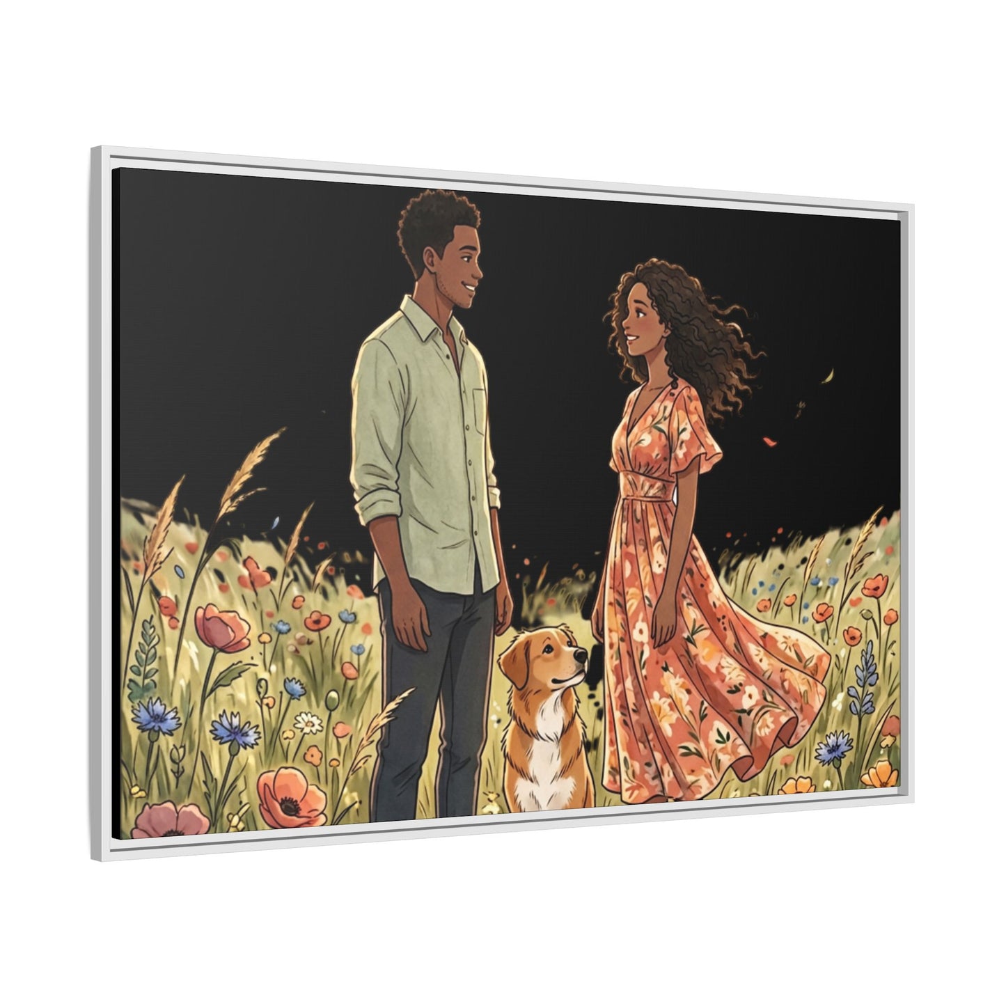 Framed Matte Canvas Print — Romantic Couple in Wildflower Field (Multi‑Color)