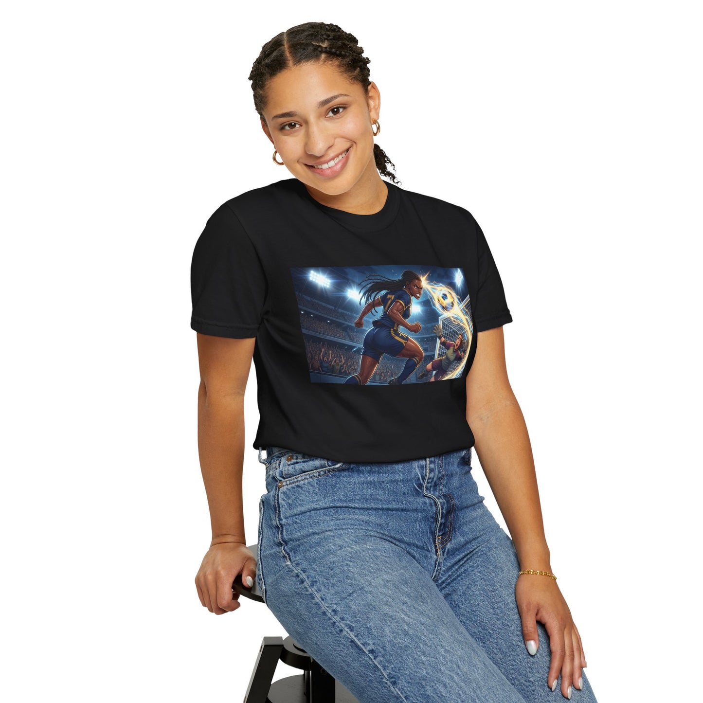 Soccer Duel Graphic T-Shirt — Futuristic Goalkeeper vs Striker Stadium Print