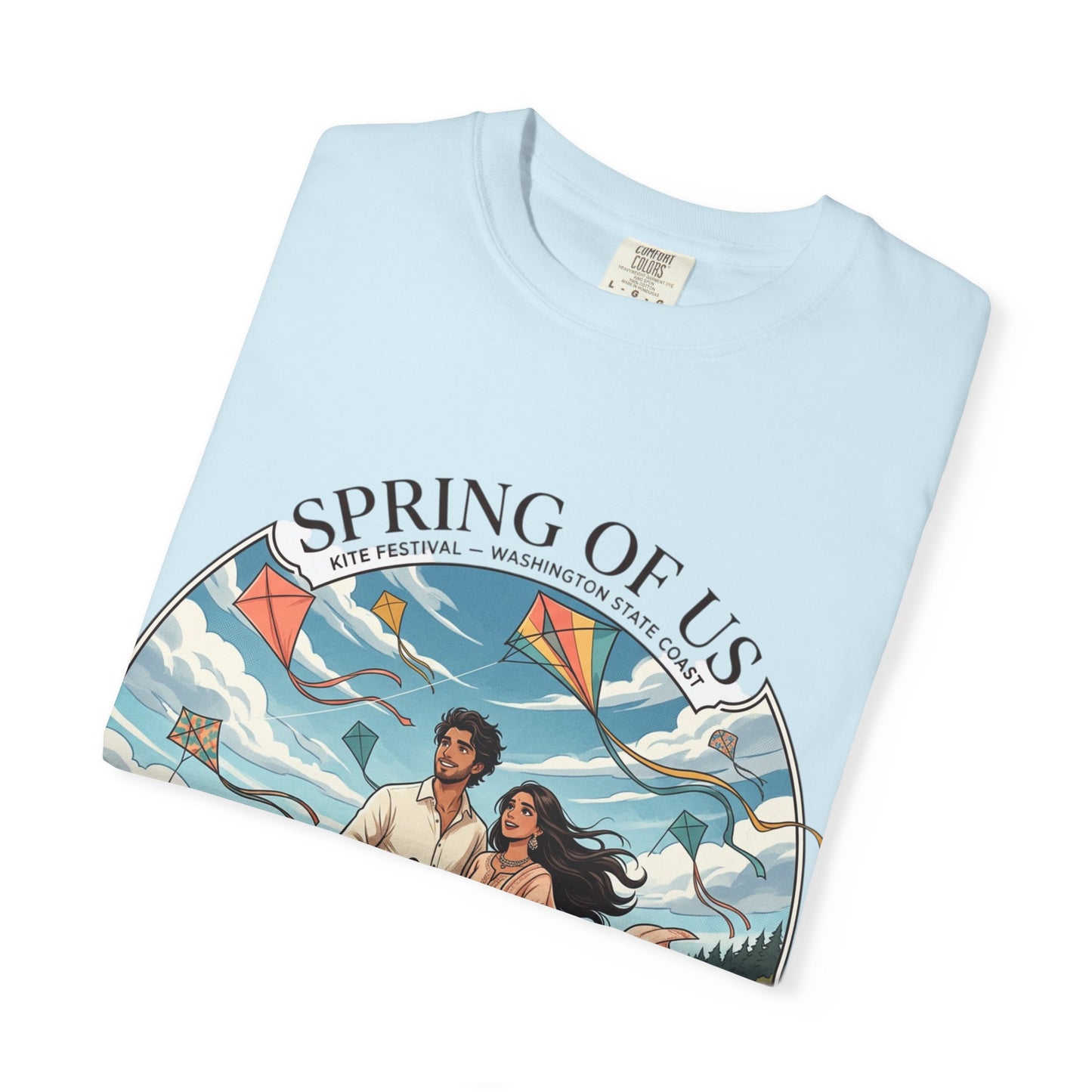 Spring of Us T-Shirt — Romantic Beach Couple Illustration with Dog