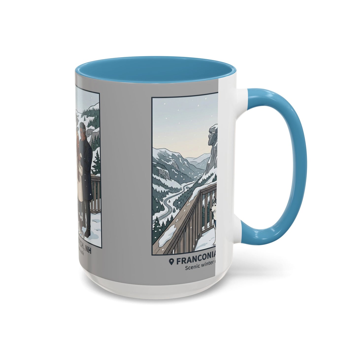 Franconia Notch Scenic Winter Mug — Couples & Dog Snowy Overlook Coffee Cup (11/15oz)