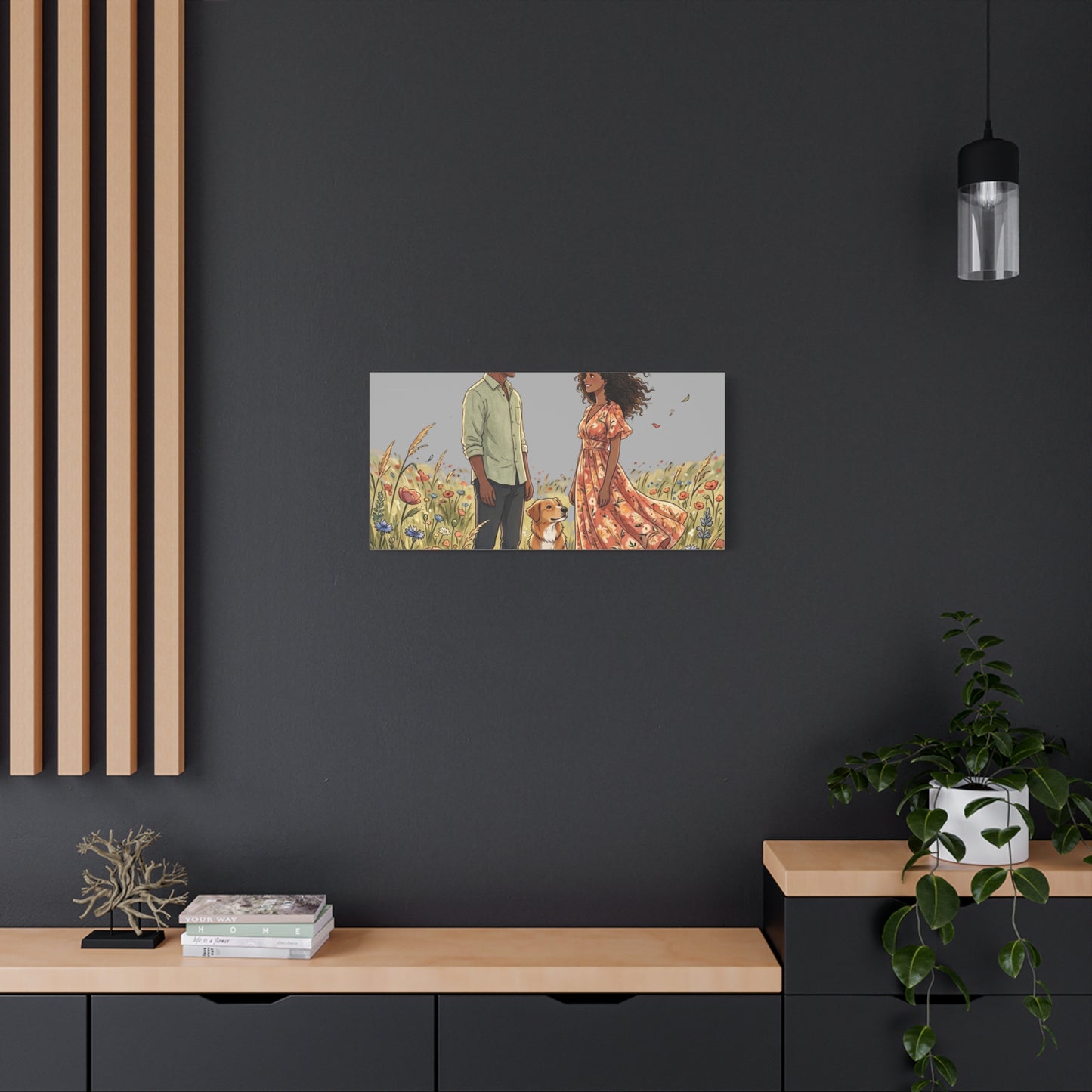 Romantic Couple in Wildflower Field Canvas Art — Black Love Wall Decor with Dog