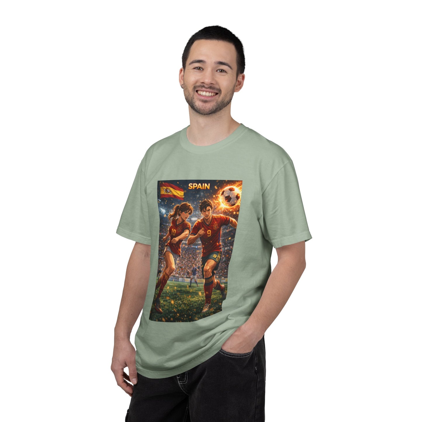 Spain Soccer Graphic T-Shirt — Retro Match Scene with Flag