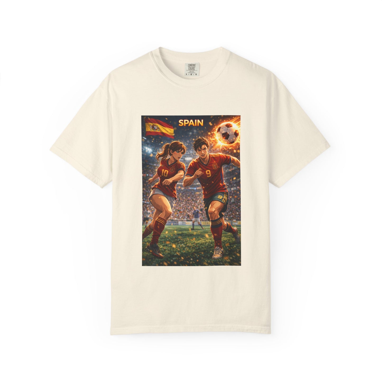 Spain Soccer Graphic T-Shirt — Retro Match Scene with Flag