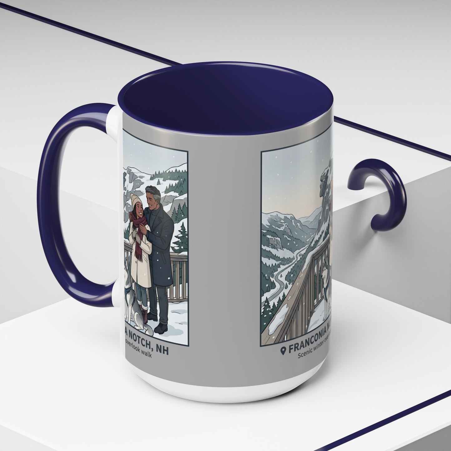 Franconia Notch Scenic Winter Mug — Couples & Dog Snowy Overlook Coffee Cup (11/15oz)