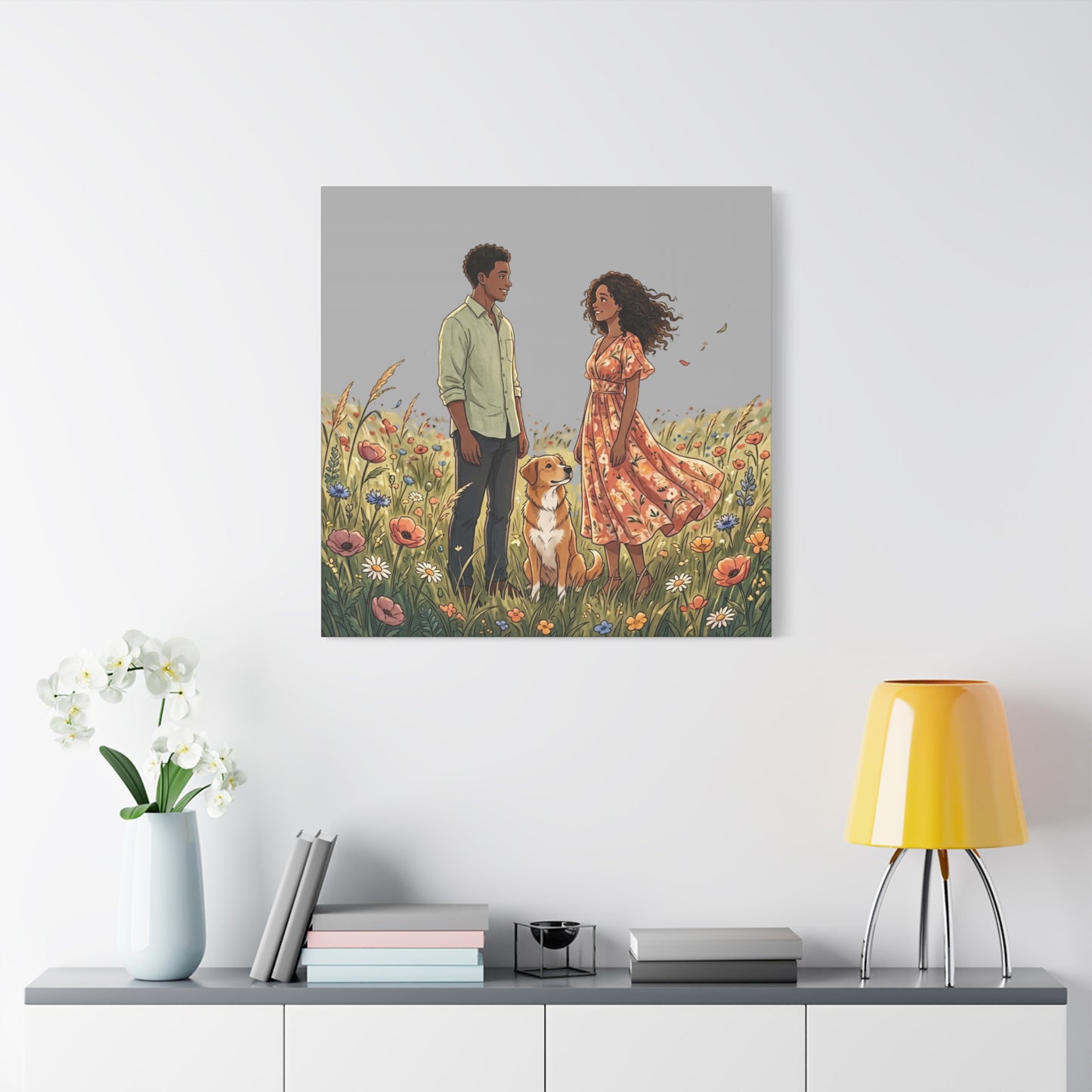 Romantic Couple in Wildflower Field Canvas Art — Black Love Wall Decor with Dog