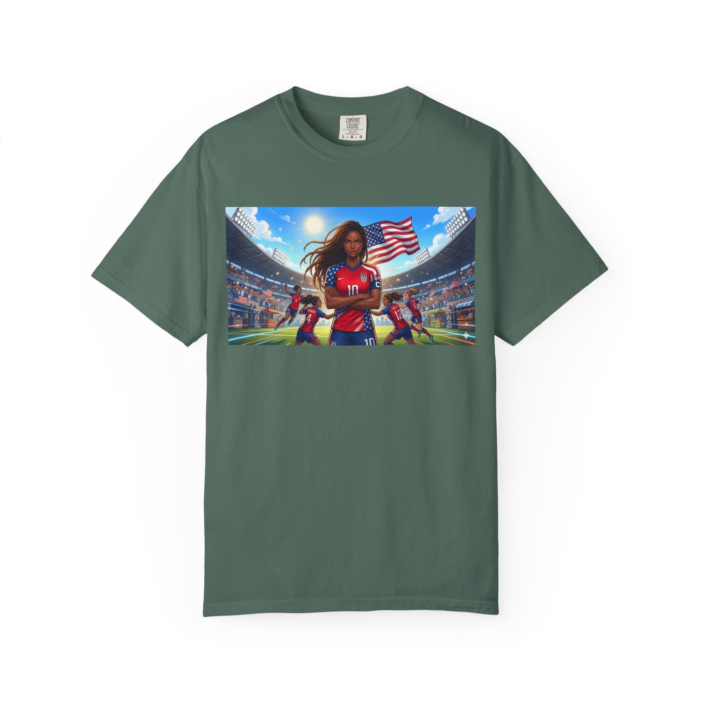 Soccer Mom USA T-Shirt — Female Soccer Player with American Flag Stadium Graphic
