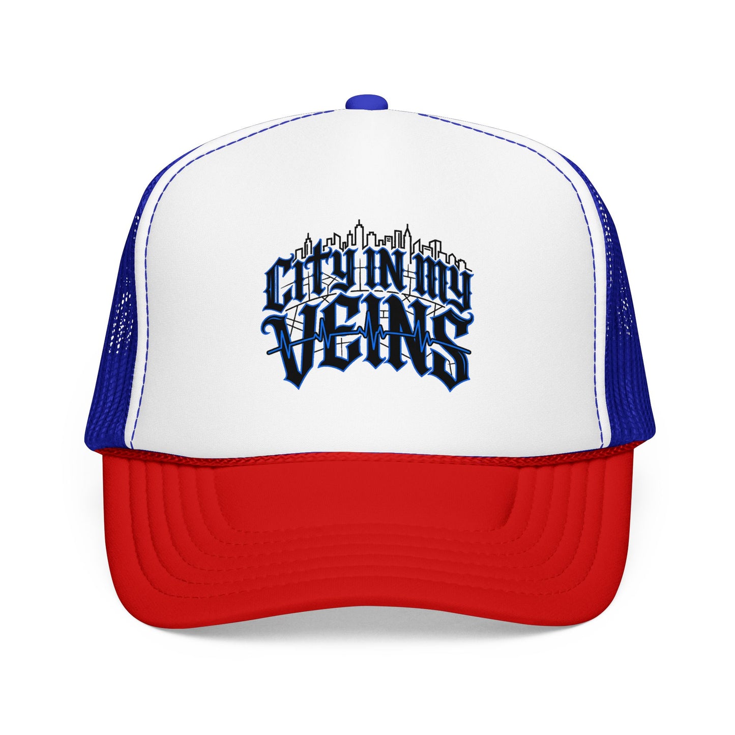 City In My Veins Foam Trucker Hat — Urban Gothic Blue Embroidered Cap