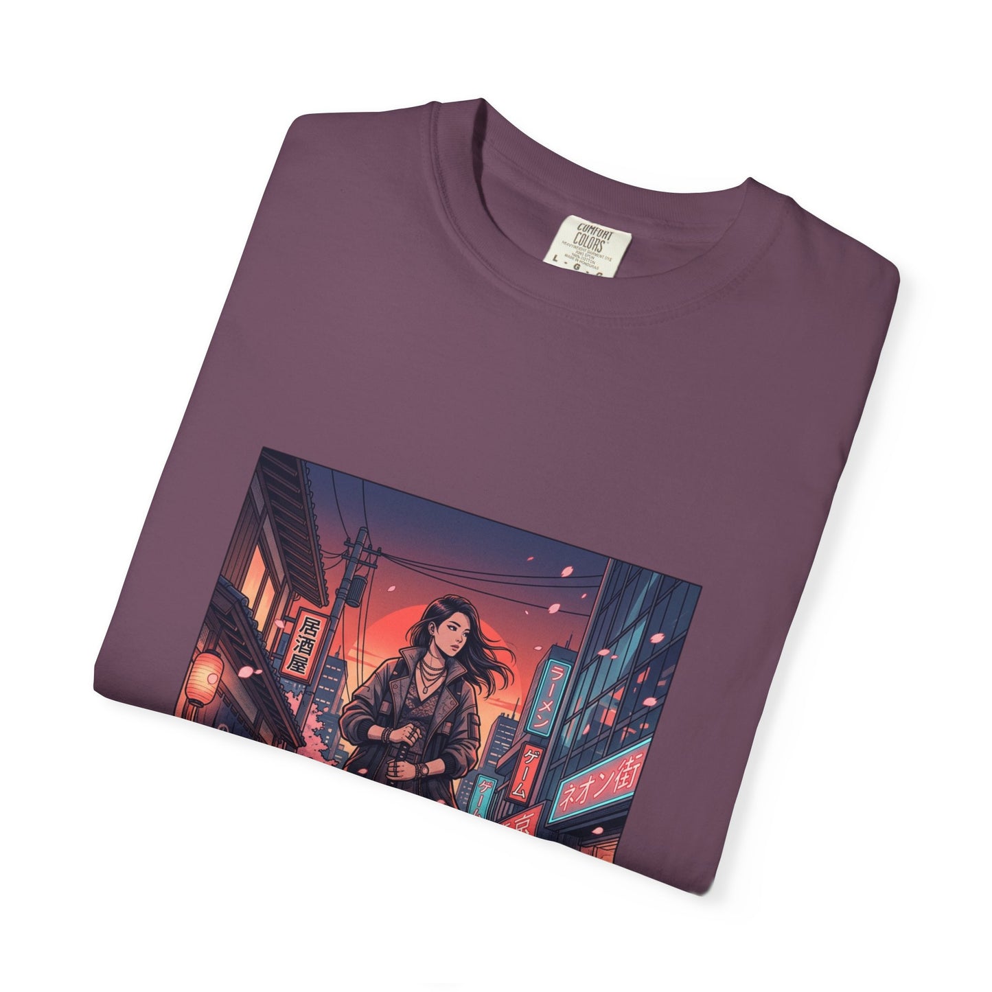 Cyberpunk Night Streets T‑Shirt — Neon Samurai Girl Graphic Tee