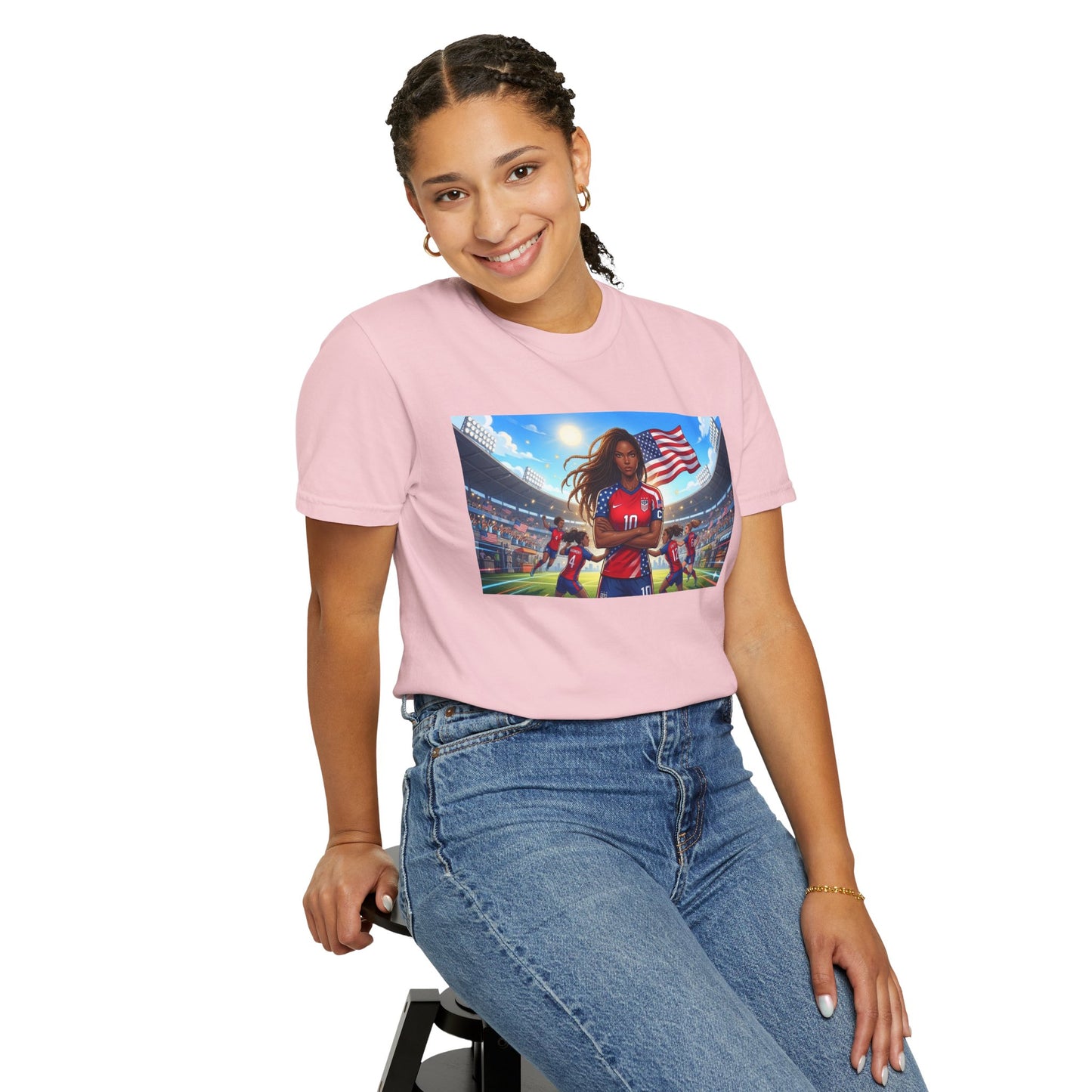 Soccer Mom USA T-Shirt — Female Soccer Player with American Flag Stadium Graphic
