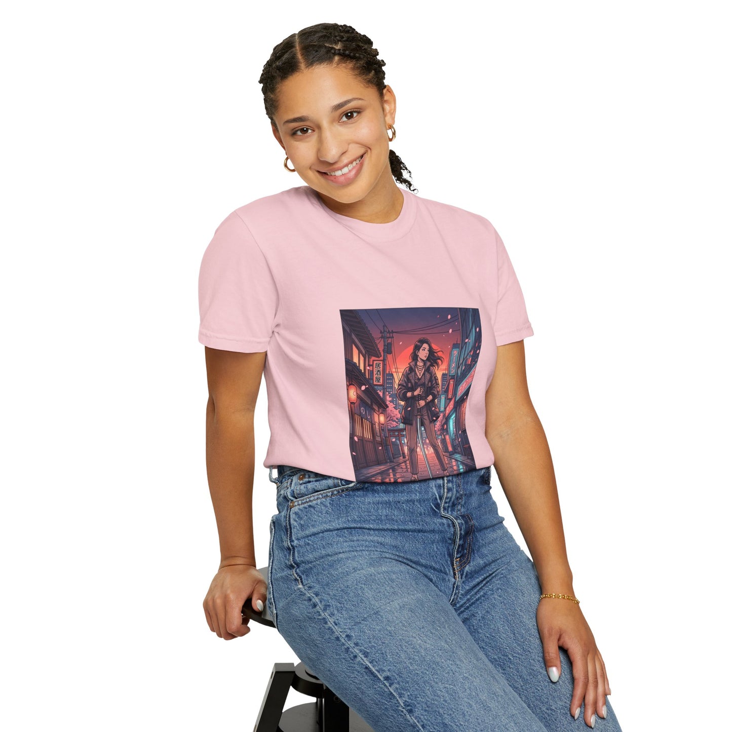 Cyberpunk Night Streets T‑Shirt — Neon Samurai Girl Graphic Tee