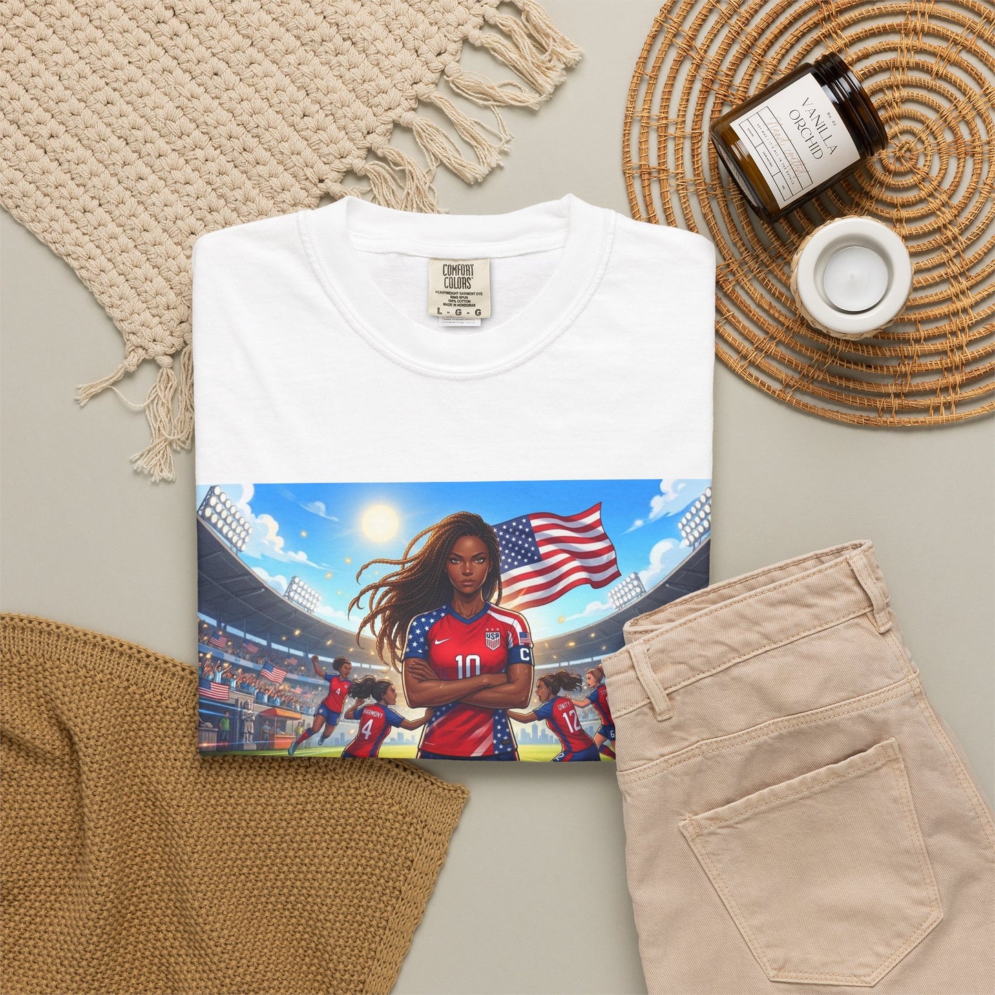 Soccer Mom USA T-Shirt — Female Soccer Player with American Flag Stadium Graphic
