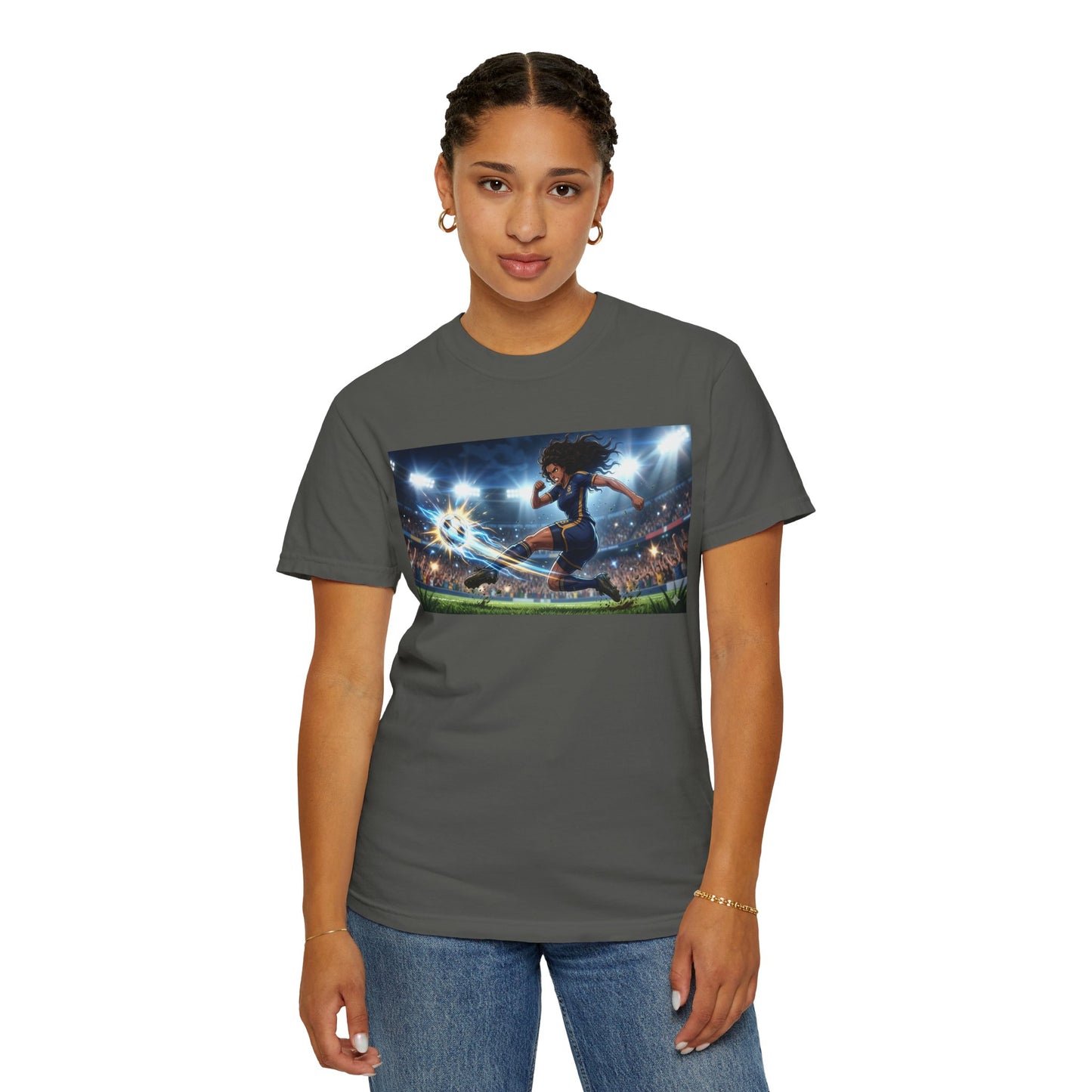 Soccer Kick Graphic T-Shirt — Energetic Stadium Football Design