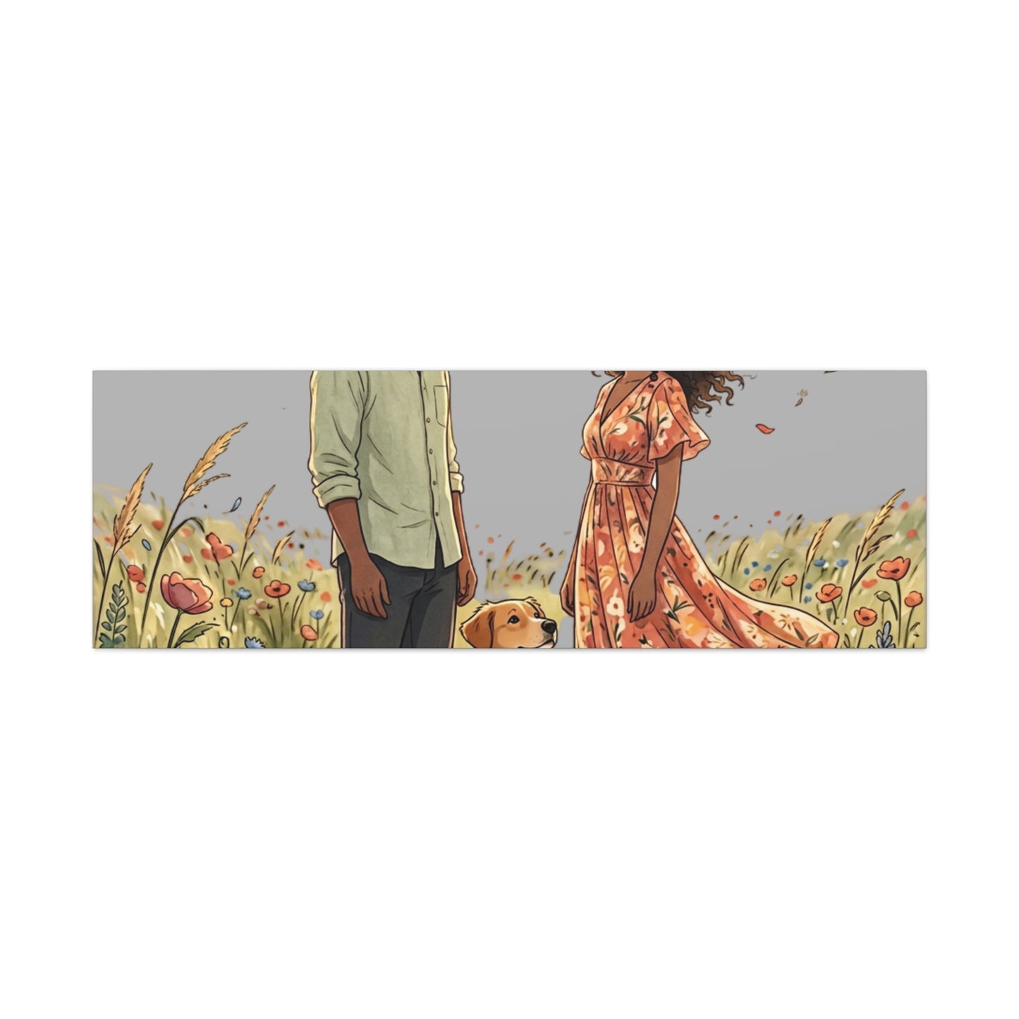 Romantic Couple in Wildflower Field Canvas Art — Black Love Wall Decor with Dog