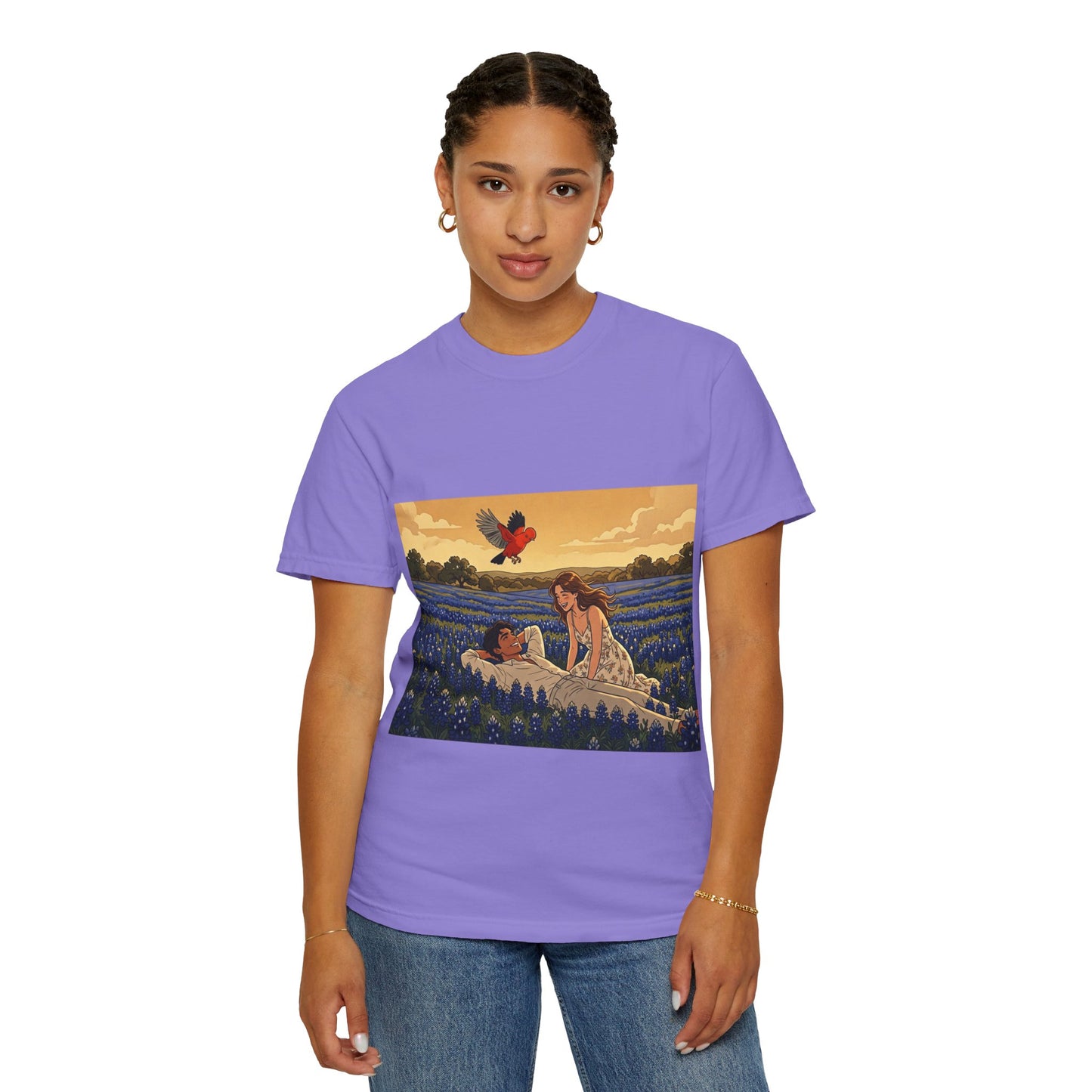 Romantic Bluebonnet Field T-Shirt — Couple in Wildflower Meadow Art Tee