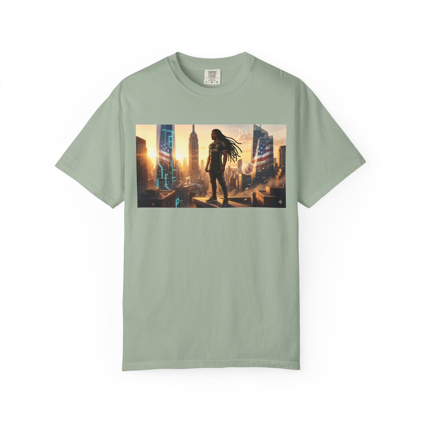 Cyberpunk Cityscape T-Shirt — Silhouette Hero at Sunset