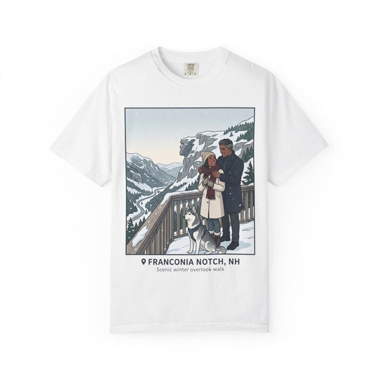 Franconia Notch NH Winter View T-Shirt — Scenic Couple & Husky Travel Tee