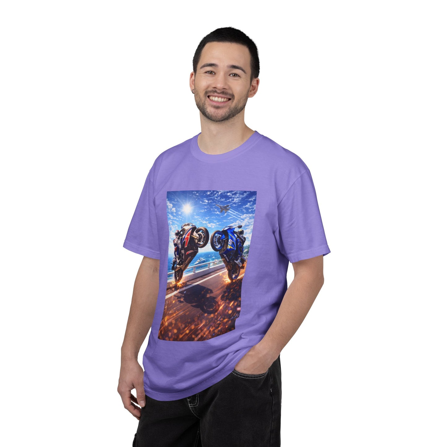 Stunt Riders Motorcycle T-Shirt — Two Bike Wheelie Racing Graphic Tee