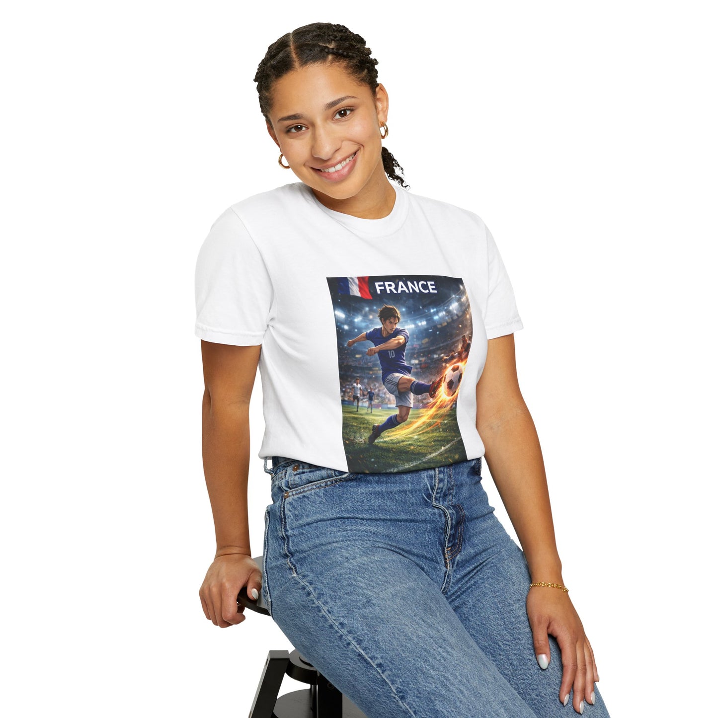 France Soccer Player Graphic T-Shirt — Football Kick Stadium Design