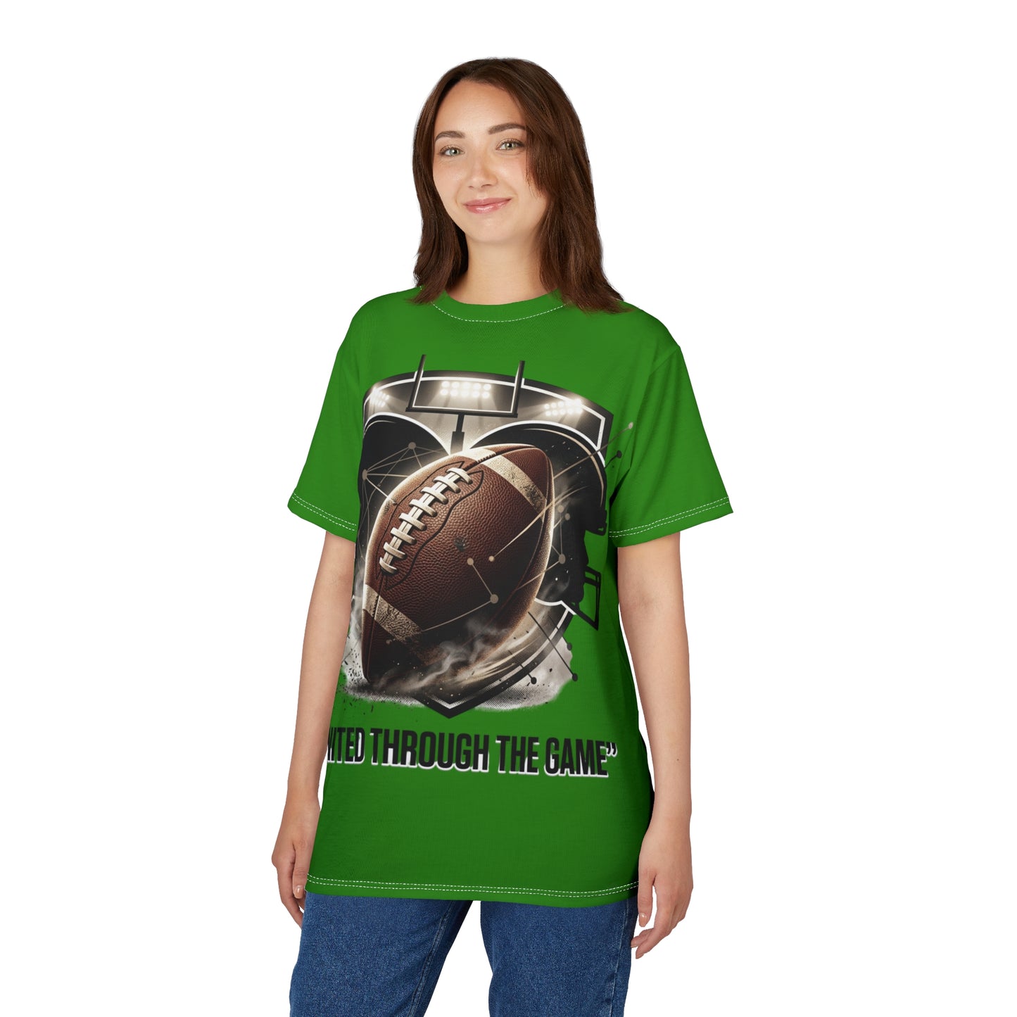 Football Helmet & Ball Tee — "United Through the Game" Graphic T-Shirt