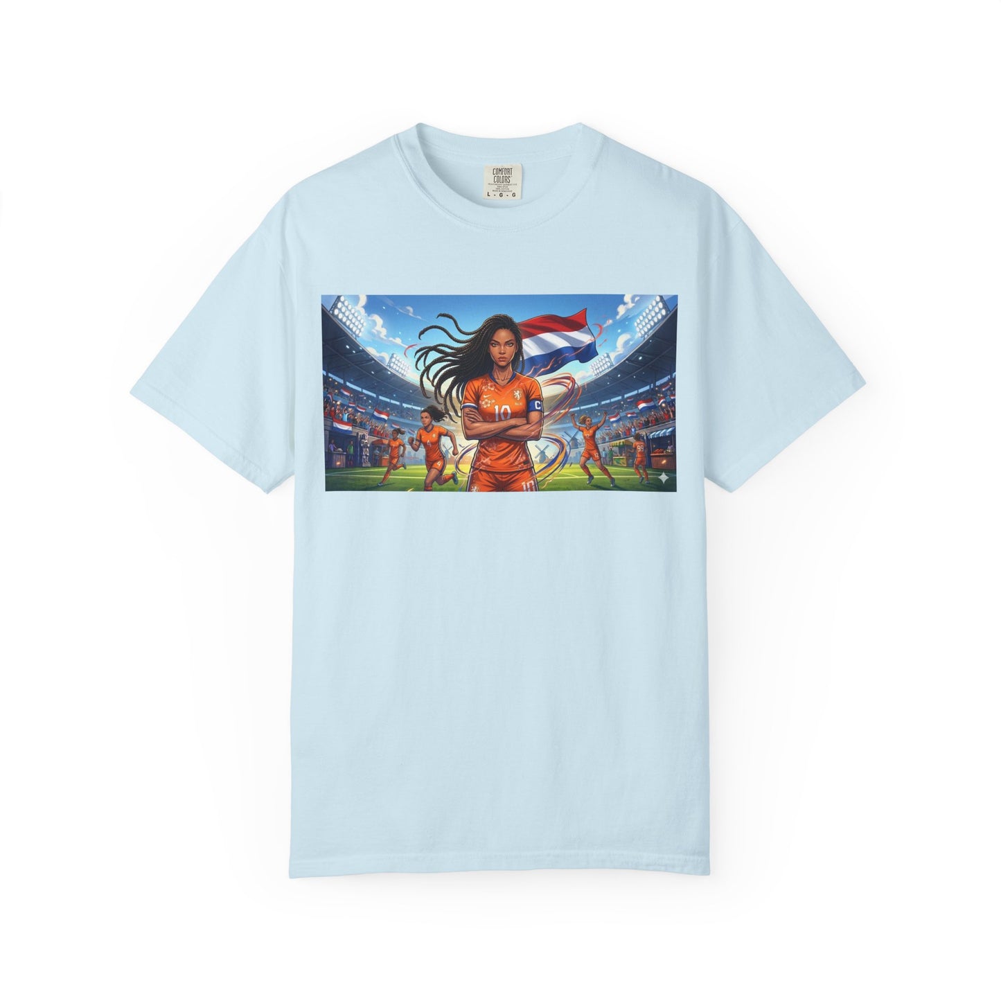 Soccer Warrior T-Shirt — Netherlands Female Captain with Flag Stadium Graphic