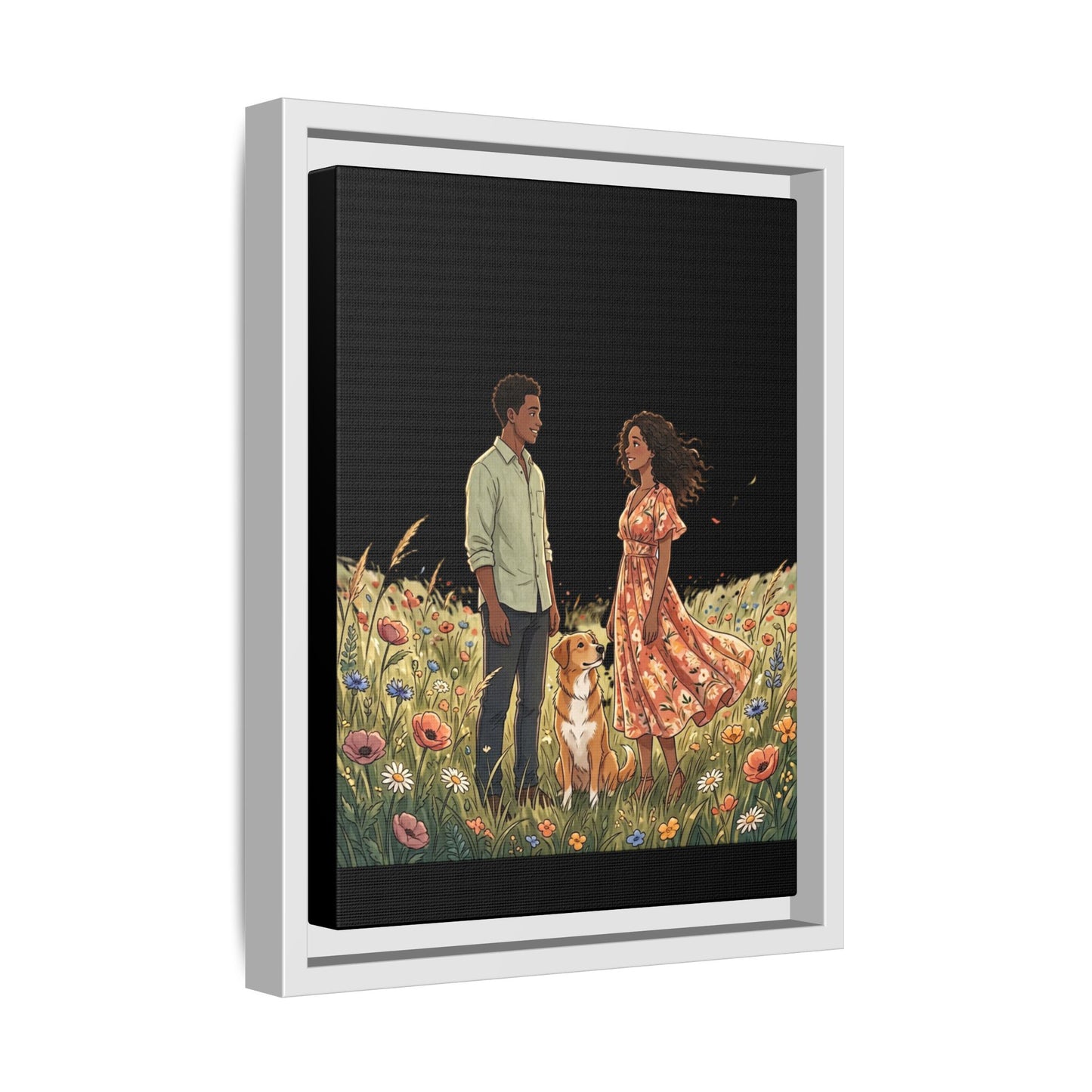 Framed Matte Canvas Print — Romantic Couple in Wildflower Field (Multi‑Color)
