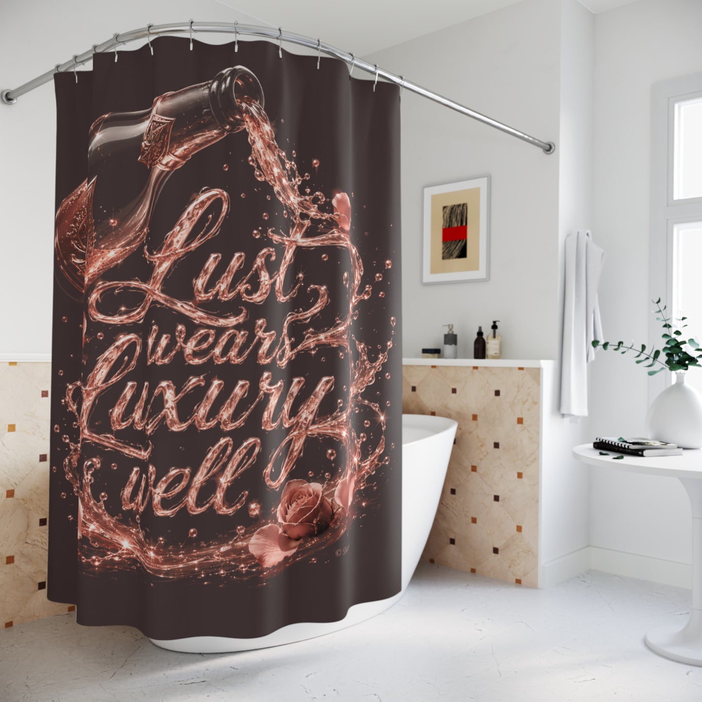 Lust Wears Luxury Well Shower Curtain – Luxe Rose Gold Script Bathroom Decor
