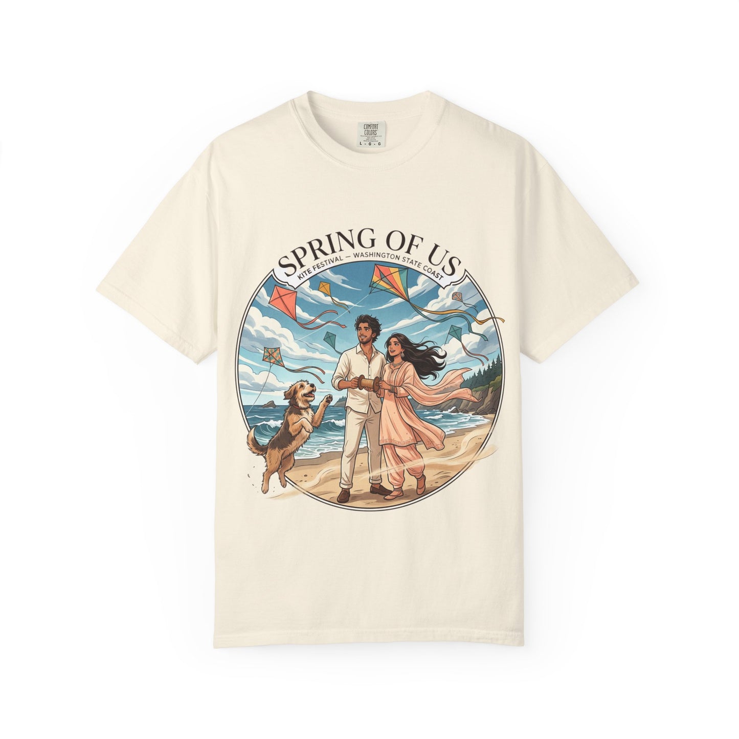 Spring of Us T-Shirt — Romantic Beach Couple Illustration with Dog