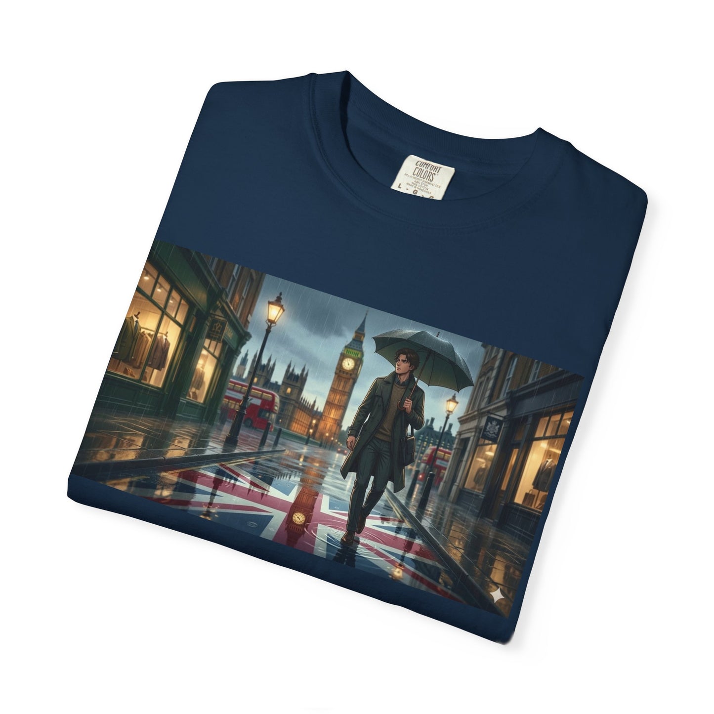 T-Shirt — Rainy London Street Scene Graphic Tee (Big Ben, Umbrella, Night Cityscape)