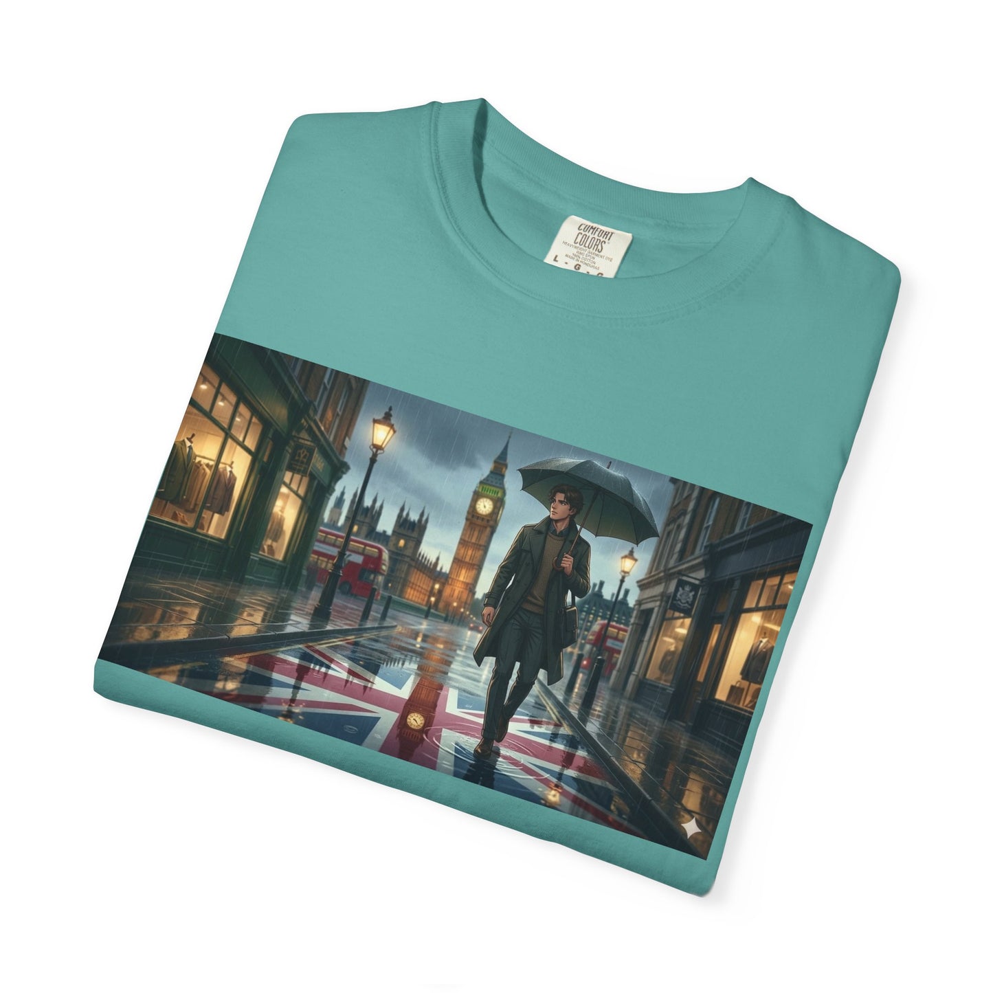 T-Shirt — Rainy London Street Scene Graphic Tee (Big Ben, Umbrella, Night Cityscape)