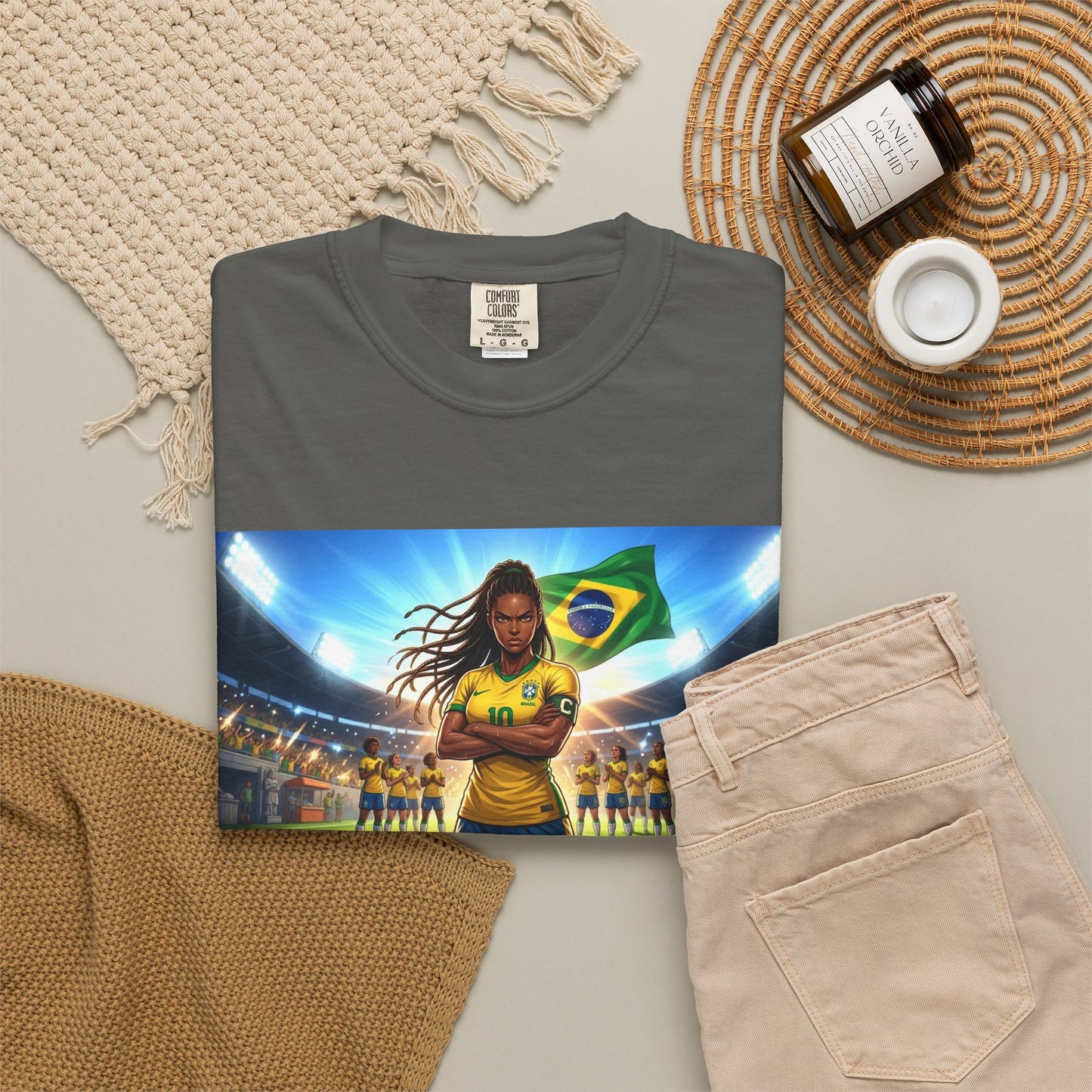 Brazil Soccer Captain T-Shirt — Player Holding Ball with Brazilian Flag Stadium Graphic