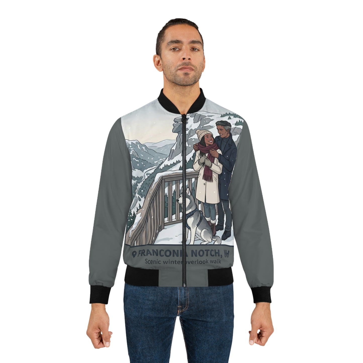 Couple in Snow Bomber Jacket — Winter Scenic AOP Outerwear