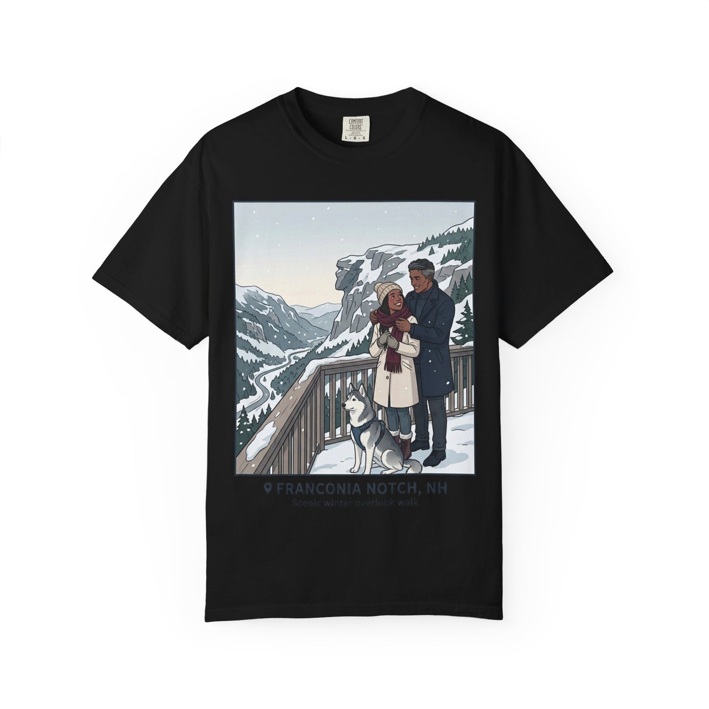Franconia Notch NH Winter View T-Shirt — Scenic Couple & Husky Travel Tee