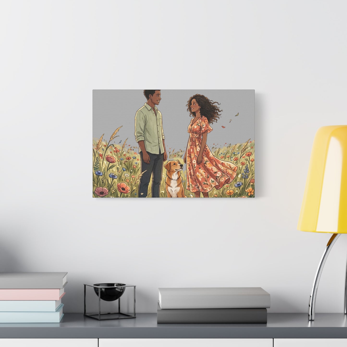 Romantic Couple in Wildflower Field Canvas Art — Black Love Wall Decor with Dog