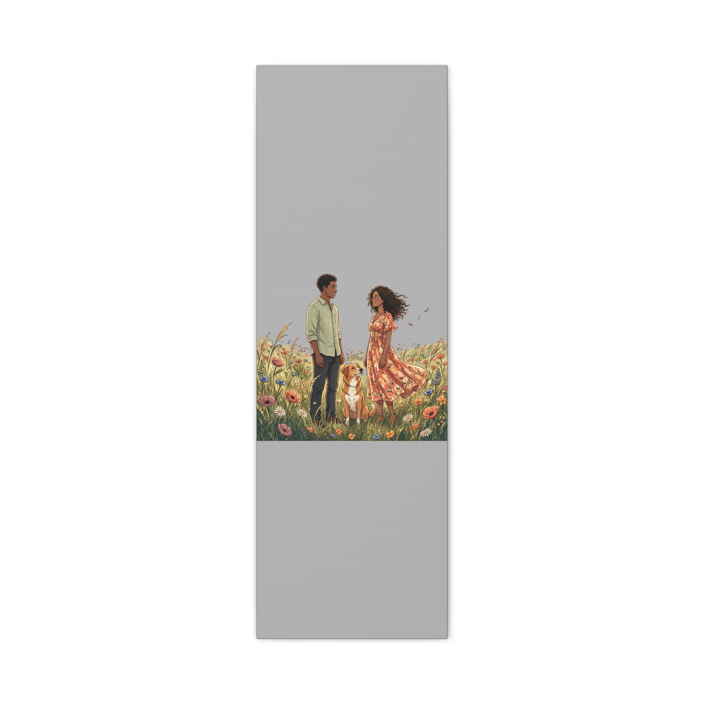 Romantic Couple in Wildflower Field Canvas Art — Black Love Wall Decor with Dog